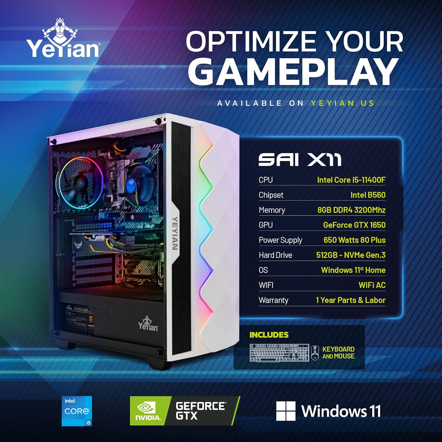 YEYIAN SAI X11 Gaming PC Desktop Computer, Intel i5-11400F 6-Core 2.6GHz, GeForce GTX 1650 4GB GDDR6, 500GB NVMe SSD, 8GB DDR4 3200MHz, 3 ARGB Fans, Windows 11 Home 64-bit, WiFi 5, BT 5.0, 650W PSU · v2