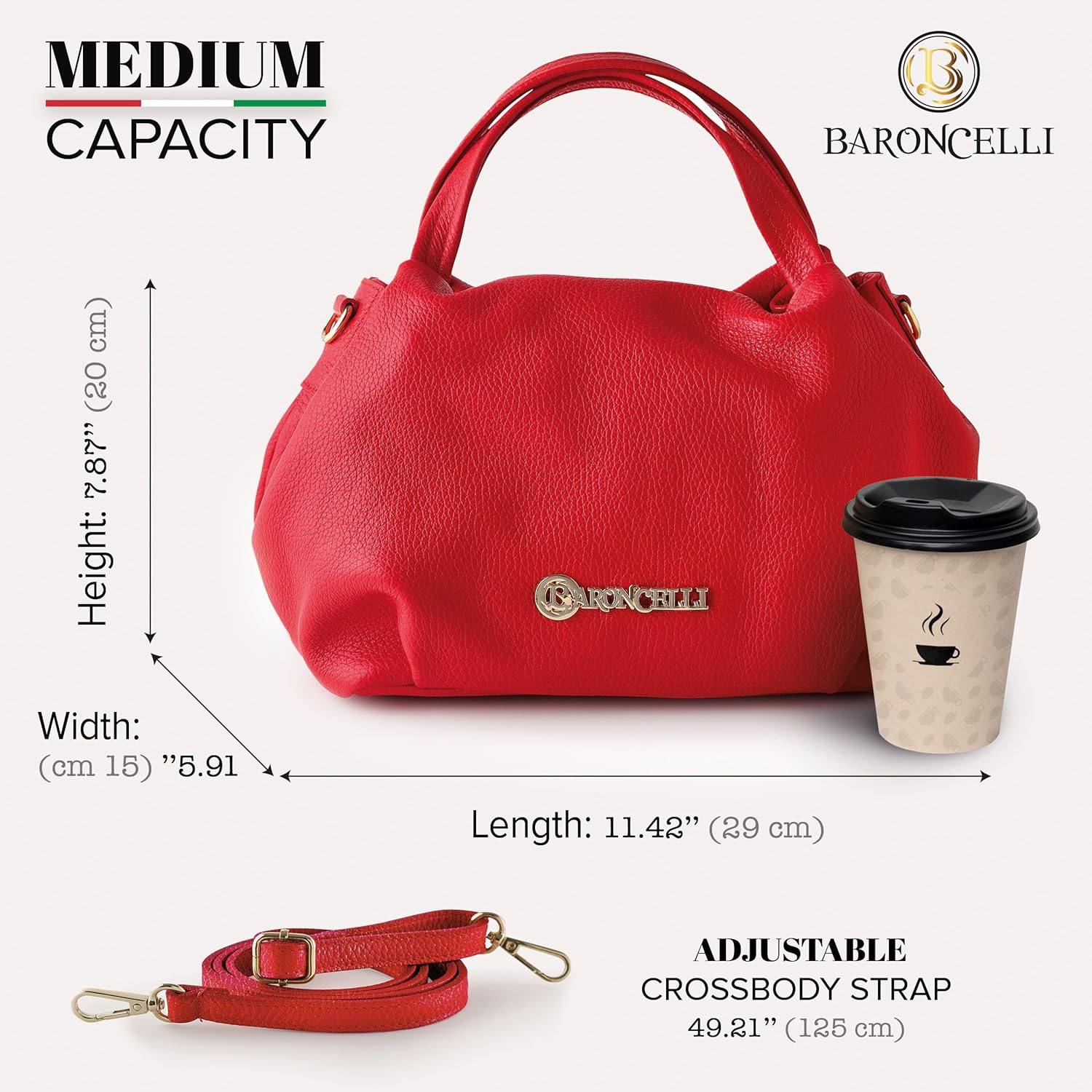 Borsa a tracolla Baroncelli in pelle italiana da donna in vera pelle morbida di medie dimensioni realizzata in Italia