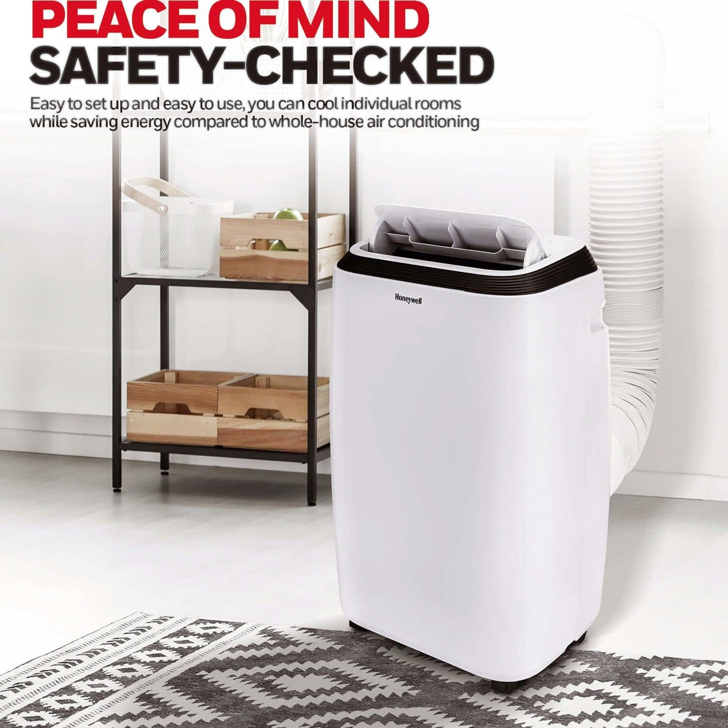 Honeywell 9,900 BTU 휴대용 에어컨(침실, 거실, 지하실용, 115V, 팬, 제습기 포함, 설치 키트, 리모컨, 배수관 포함, 흰색)