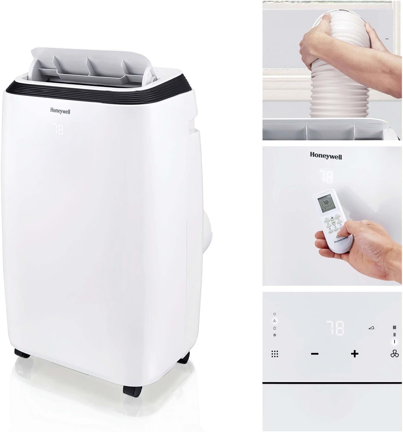 Honeywell 9,900 BTU 휴대용 에어컨(침실, 거실, 지하실용, 115V, 팬, 제습기 포함, 설치 키트, 리모컨, 배수관 포함, 흰색)