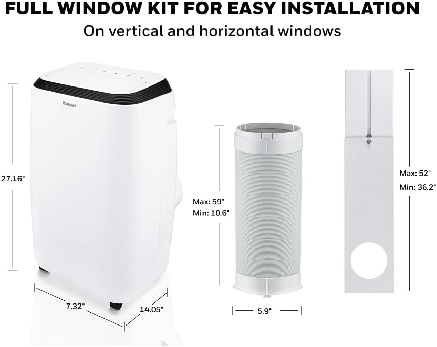 Honeywell 9,900 BTU 휴대용 에어컨(침실, 거실, 지하실용, 115V, 팬, 제습기 포함, 설치 키트, 리모컨, 배수관 포함, 흰색)