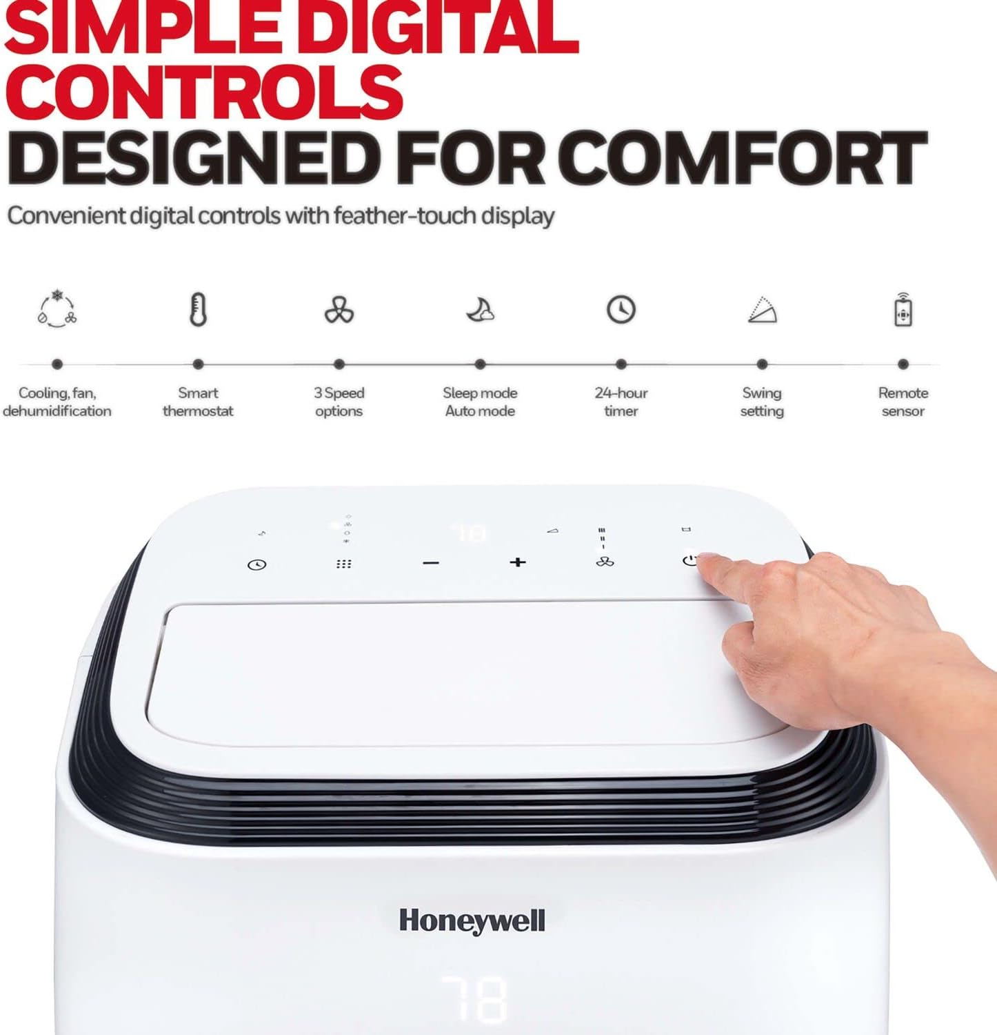 Honeywell 9,900 BTU 휴대용 에어컨(침실, 거실, 지하실용, 115V, 팬, 제습기 포함, 설치 키트, 리모컨, 배수관 포함, 흰색)