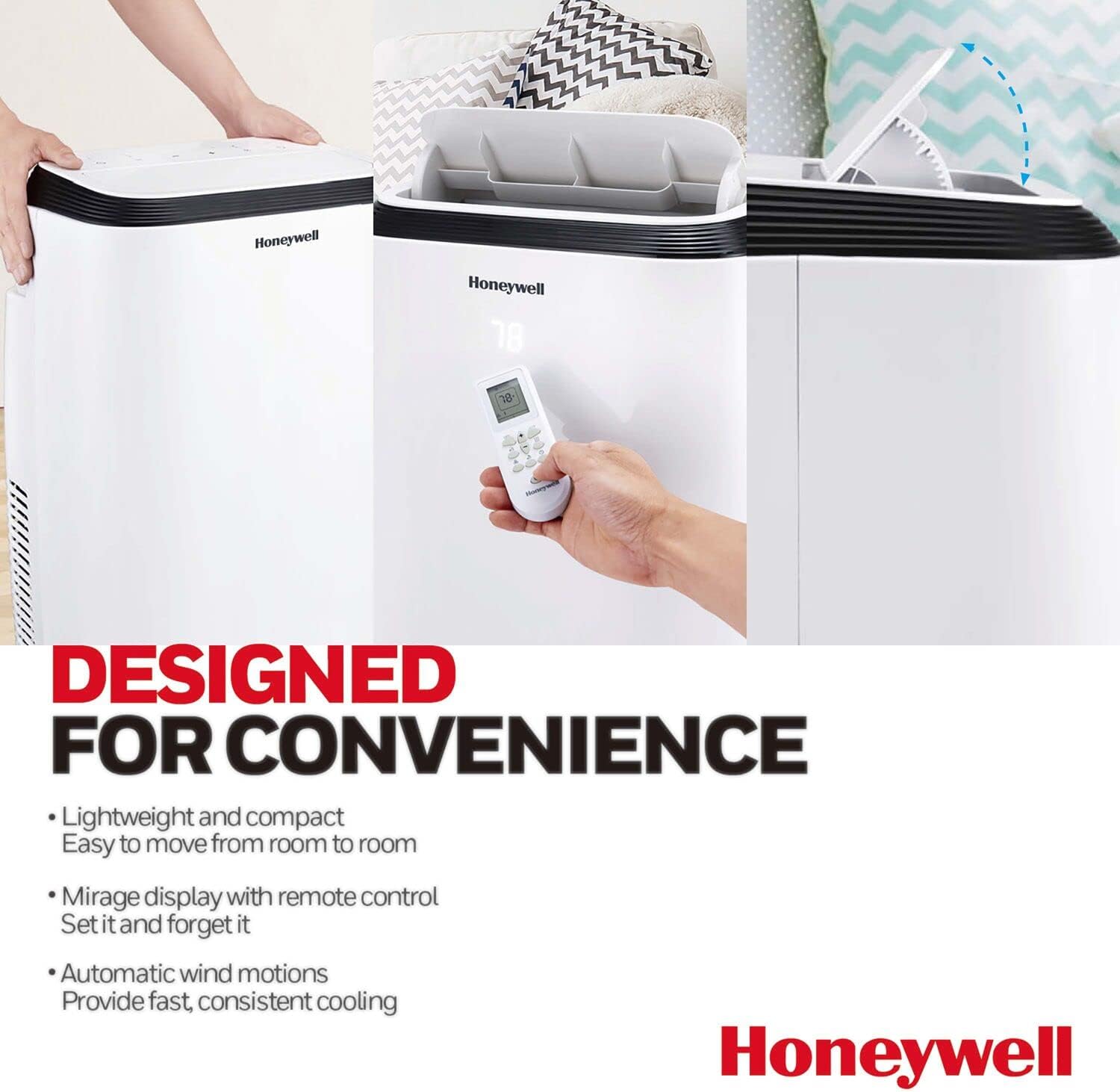 Honeywell 9,900 BTU 휴대용 에어컨(침실, 거실, 지하실용, 115V, 팬, 제습기 포함, 설치 키트, 리모컨, 배수관 포함, 흰색)
