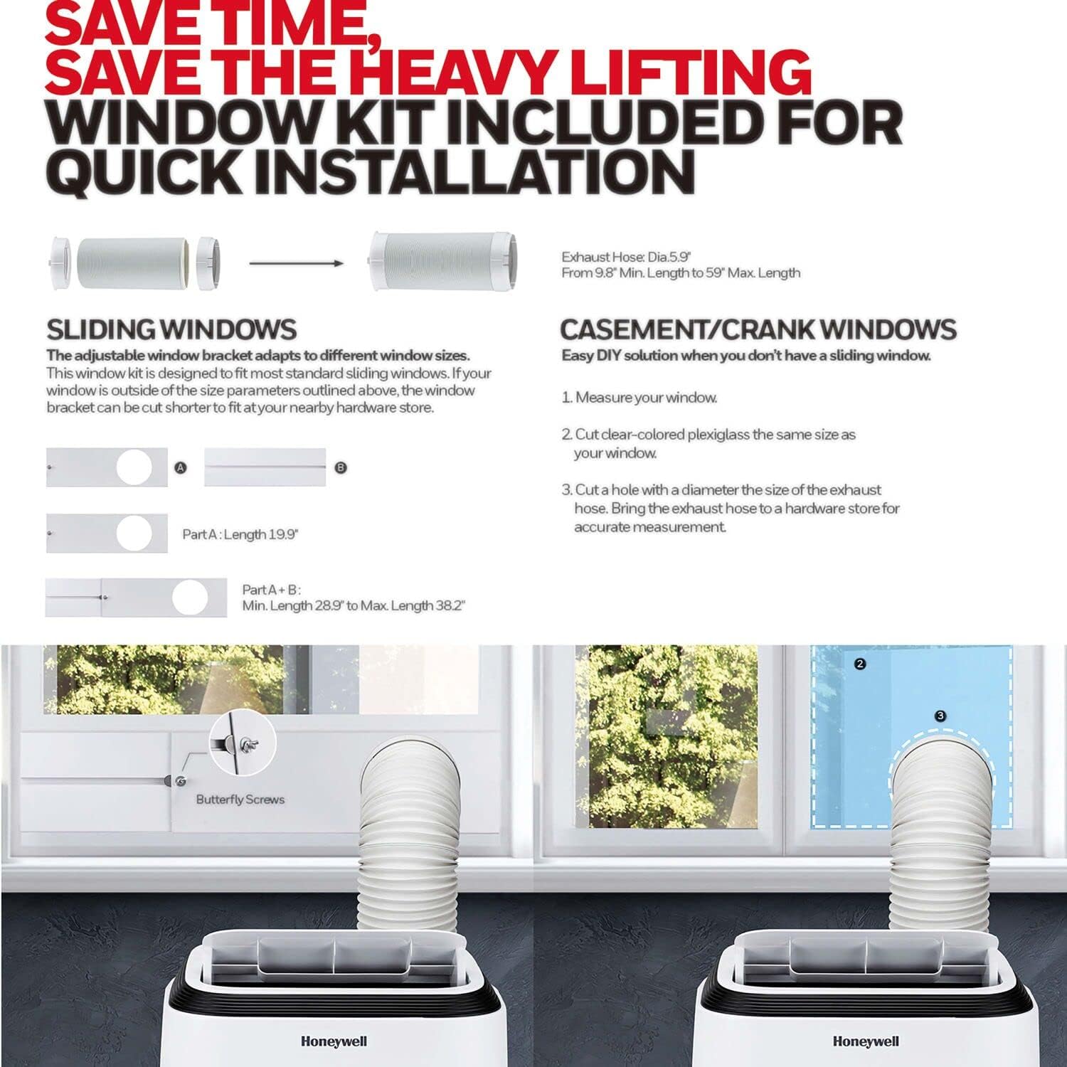 Honeywell 9,900 BTU 휴대용 에어컨(침실, 거실, 지하실용, 115V, 팬, 제습기 포함, 설치 키트, 리모컨, 배수관 포함, 흰색)