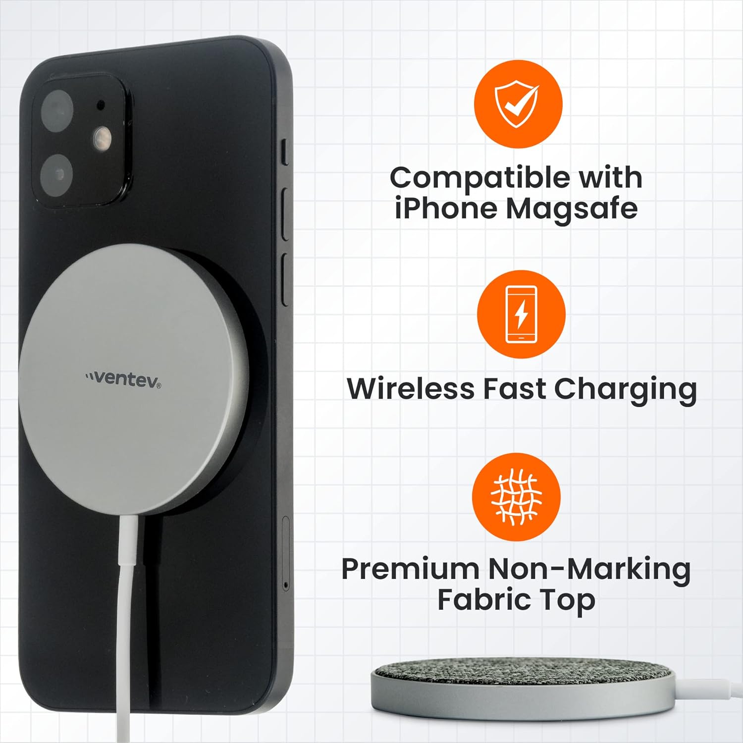 Chargeur magnétique sans fil Ventev | Chargeur MagSafe à chargement rapide pour borne de recharge Samsung Apple | Compatible avec les appareils compatibles Qi