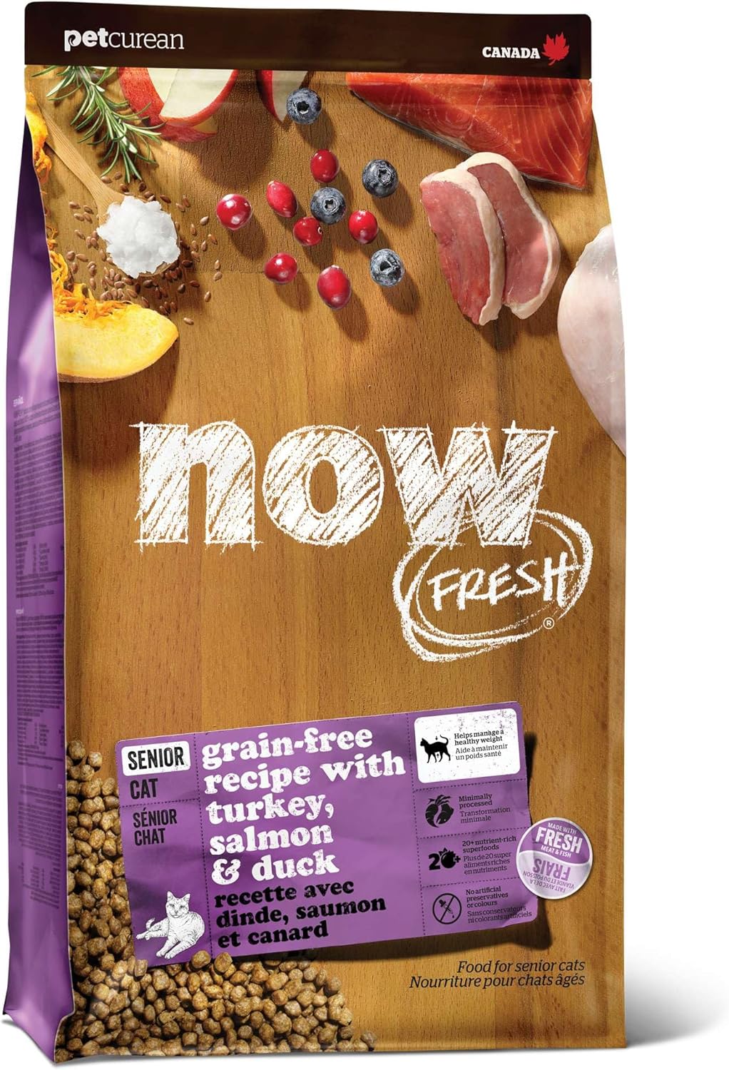 Alimento seco para gatos Now para personas mayores, receta de pavo, salmón y pato, 3 libras, sin cereales, alimento para gatos mayores, hecho con carne y pescado de verdad