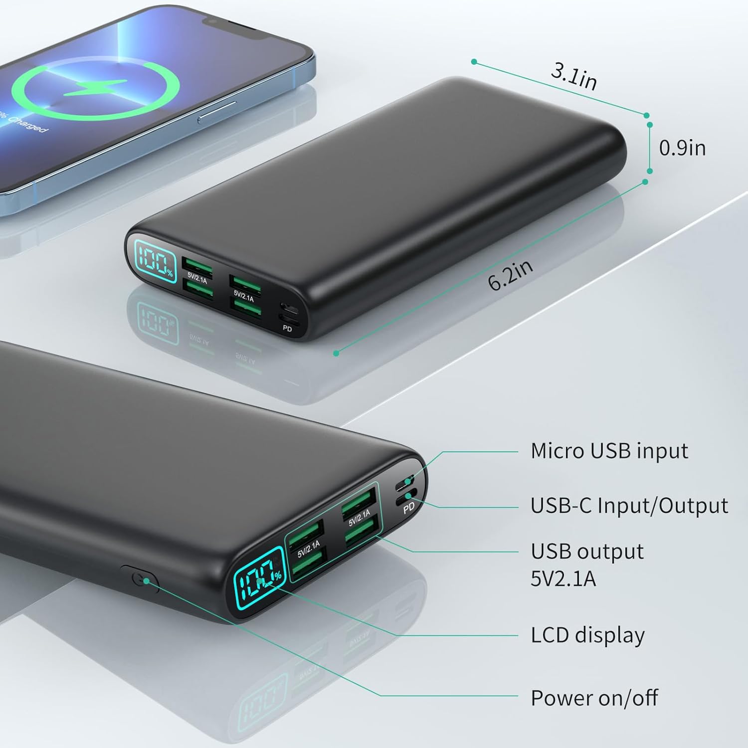 Portable Charger 38800mAh,LCD Display Power Bank,5 USB Outputs Battery Pack Backup, USB-C inout Dual Input Phone Charging Compatible with iPhone 16/15/14/13 Pro/12,Android Samsung Galaxy Pixel Nexus · v2