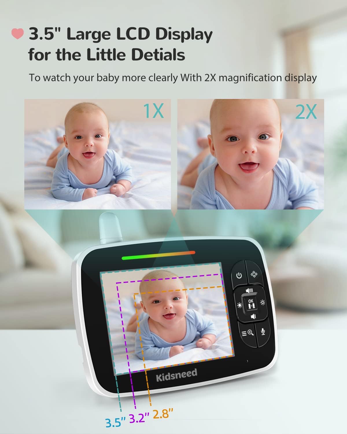 Kidsneed Baby Monitor - 3,5-calowy monitor wideo dla niemowląt z pilotem ze wzmacniaczem Pan Tilt; Kamera Zoom, Dwukierunkowy dźwięk, noktowizor, monitorowanie temperatury, kołysanki, 960 stóp dalekiego zasięgu