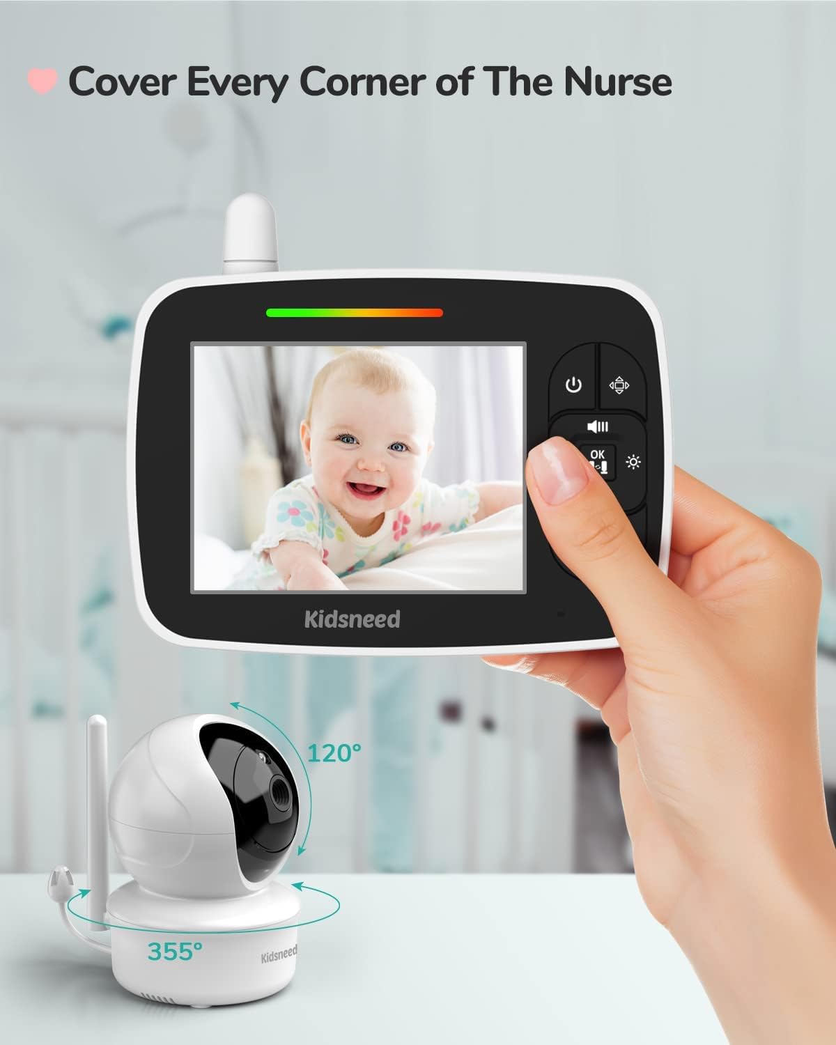 Kidsneed Baby Monitor - 3,5-calowy monitor wideo dla niemowląt z pilotem ze wzmacniaczem Pan Tilt; Kamera Zoom, Dwukierunkowy dźwięk, noktowizor, monitorowanie temperatury, kołysanki, 960 stóp dalekiego zasięgu