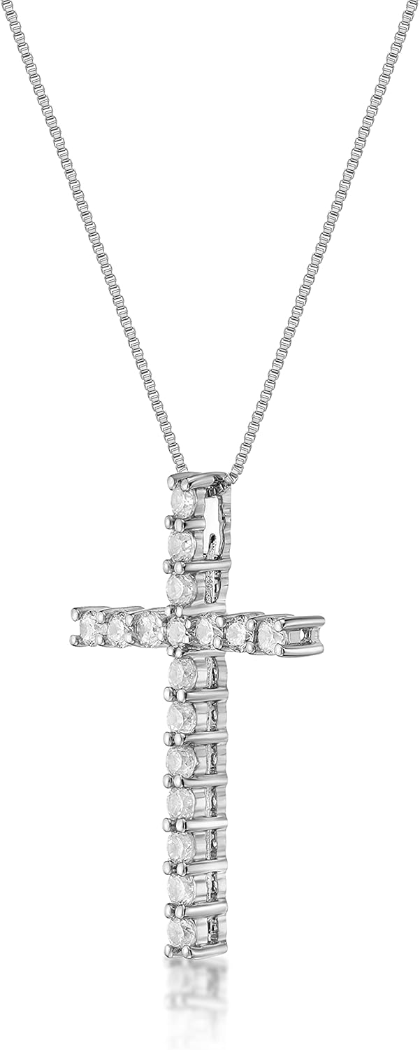 สร้อยคอจี้รูปไม้กางเขนประดับเพชรแท้ 1/4 ถึง 1 กะรัตจากร้าน Lavari Jewelers สำหรับผู้หญิง - จี้ทองคำขาว 10 กะรัต - สร้อยคอโซ่ยาว 18 นิ้ว (G-H, VS2-SI1, 0.25 ถึง 1 กะรัต) แบบแหวนสปริง
