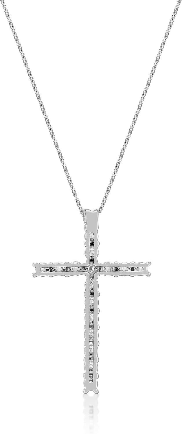 สร้อยคอจี้รูปไม้กางเขนประดับเพชรแท้ 1/4 ถึง 1 กะรัตจากร้าน Lavari Jewelers สำหรับผู้หญิง - จี้ทองคำขาว 10 กะรัต - สร้อยคอโซ่ยาว 18 นิ้ว (G-H, VS2-SI1, 0.25 ถึง 1 กะรัต) แบบแหวนสปริง