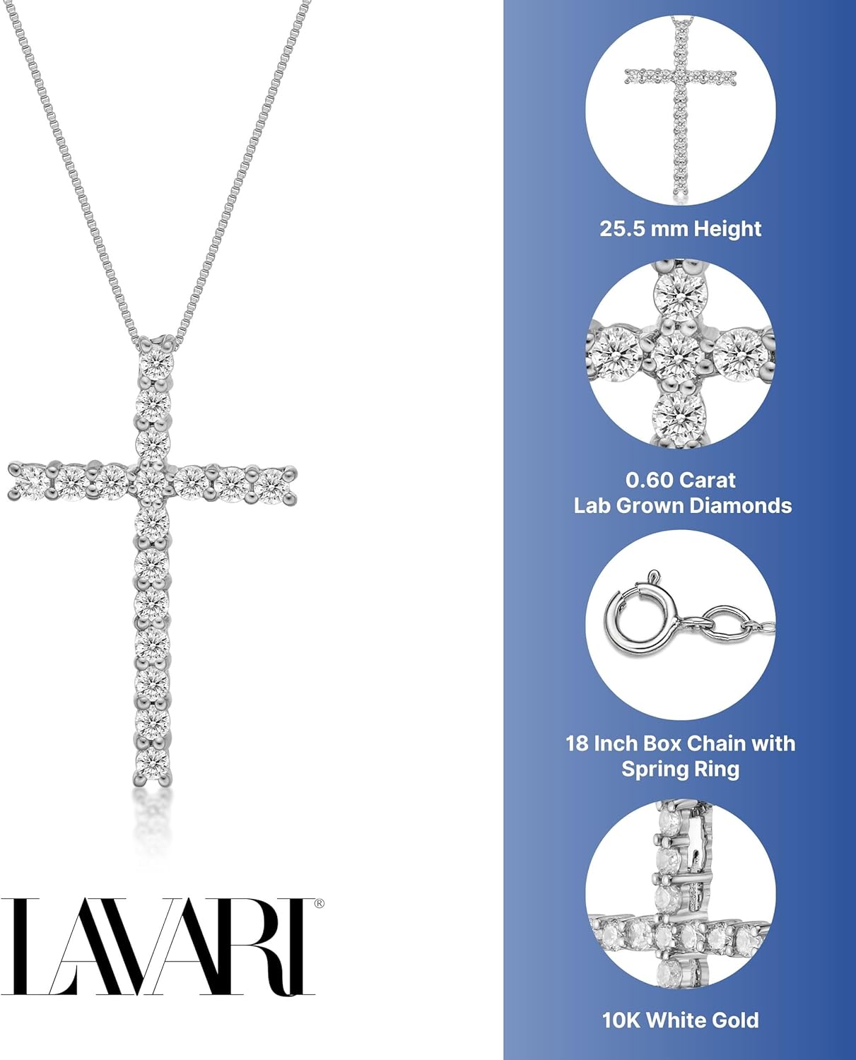 สร้อยคอจี้รูปไม้กางเขนประดับเพชรแท้ 1/4 ถึง 1 กะรัตจากร้าน Lavari Jewelers สำหรับผู้หญิง - จี้ทองคำขาว 10 กะรัต - สร้อยคอโซ่ยาว 18 นิ้ว (G-H, VS2-SI1, 0.25 ถึง 1 กะรัต) แบบแหวนสปริง