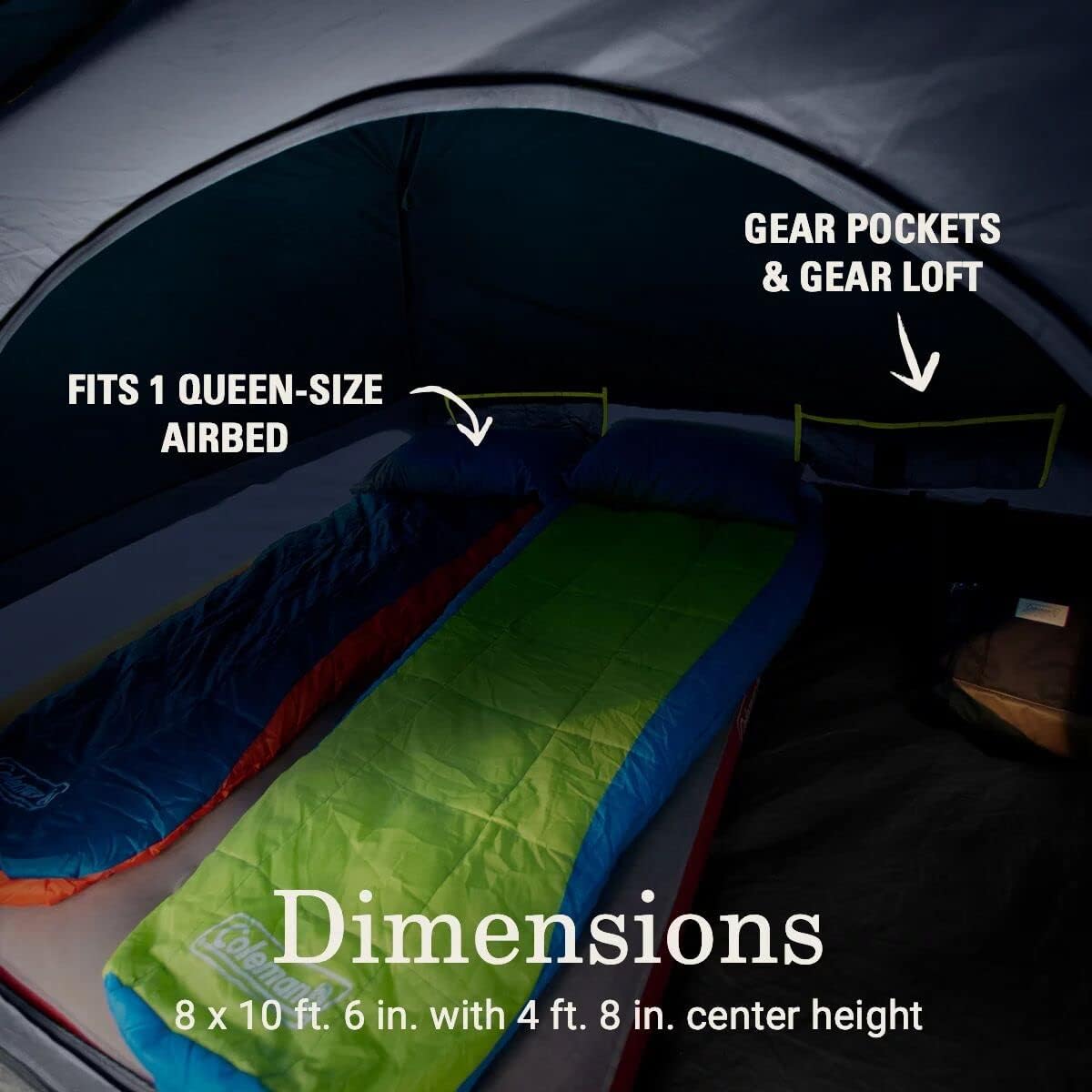 Coleman Skydome Kamp Çadırı, Karanlık Oda Teknolojisi ve Ekranlı Verandalı, Hava Koşullarına Dayanıklı 4/6 Kişilik Çadır Güneş Işığının %90'ını Engeller, 5 Dakikada Kurulur ve Ekstra Depolama/Uyku Yeri içerir