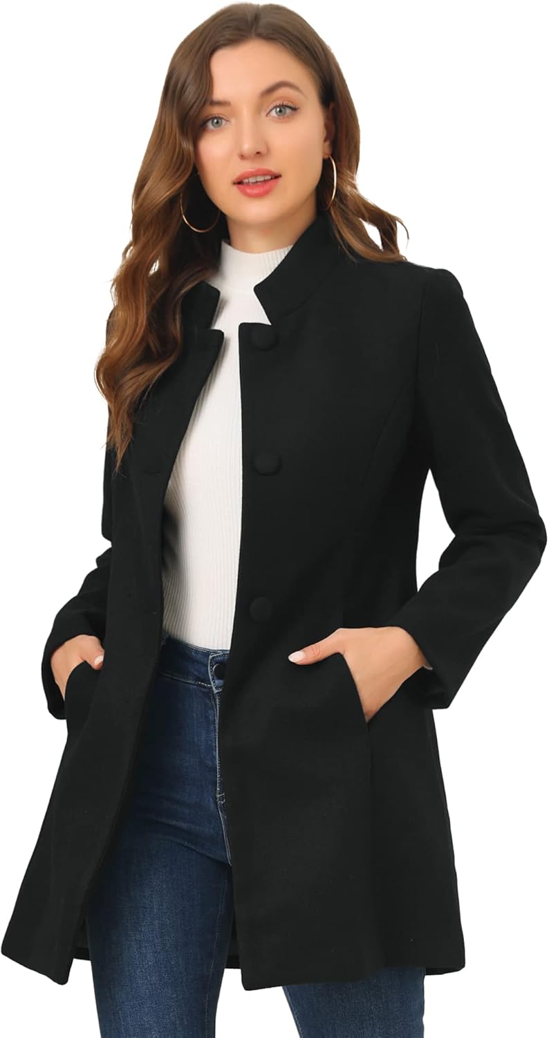 Allegra K Womens Winter Overcoat Mid-Long Stand Collar Single Breasted Coat Outerwear