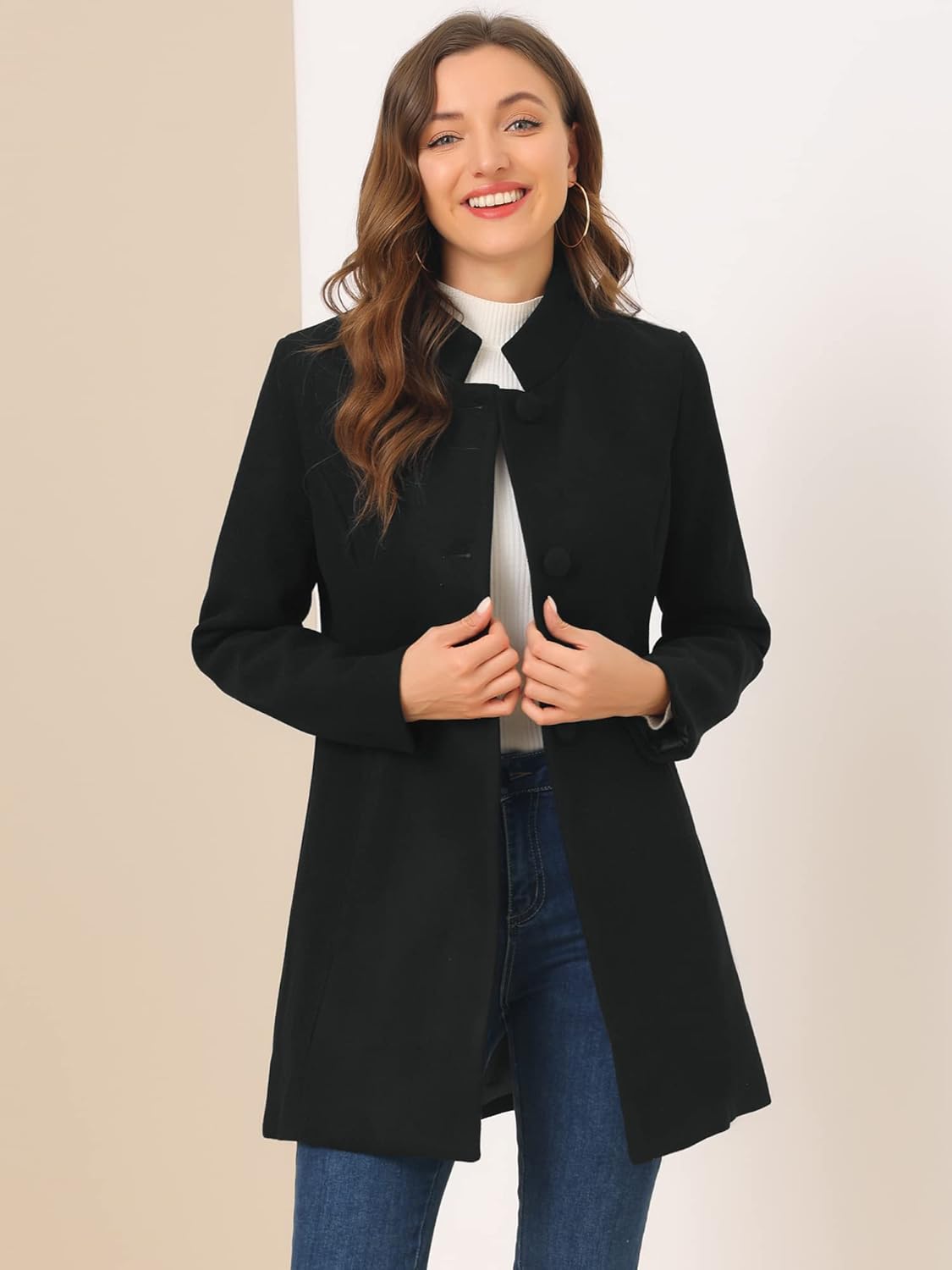 Allegra K Womens Winter Overcoat Mid-Long Stand Collar Single Breasted Coat Outerwear · v9