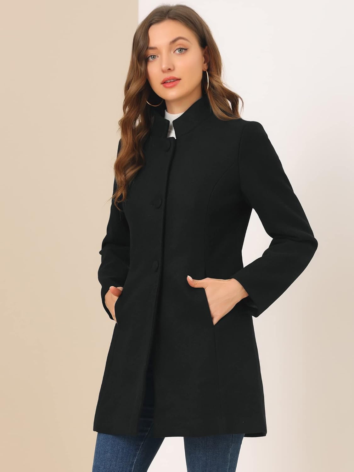 Allegra K Womens Winter Overcoat Mid-Long Stand Collar Single Breasted Coat Outerwear · v9