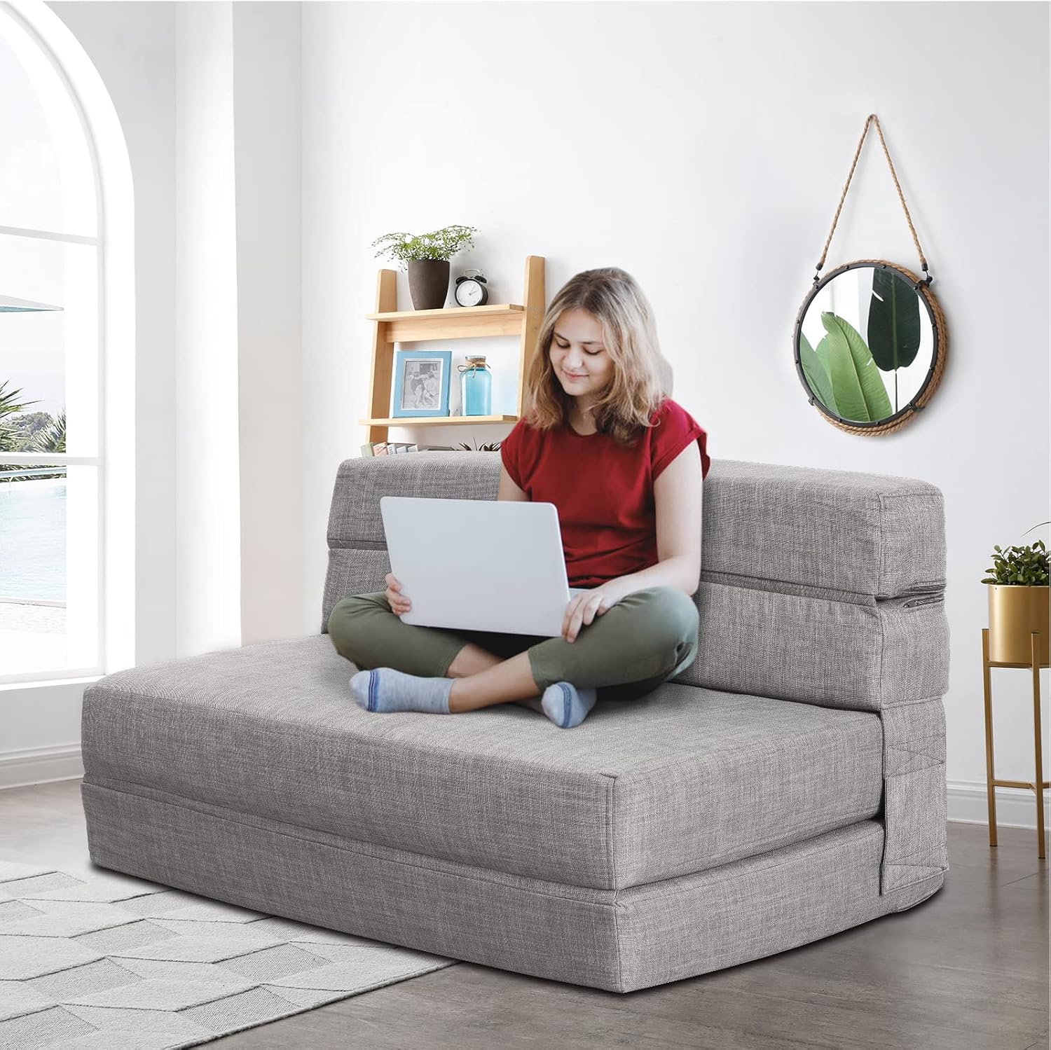 ANONER 60 Folding Sleeper Chair Sofa Bed Lazy Couch with 2 Pillows, Queen Size Memory Foam Washable Cover, Light Gray · v2