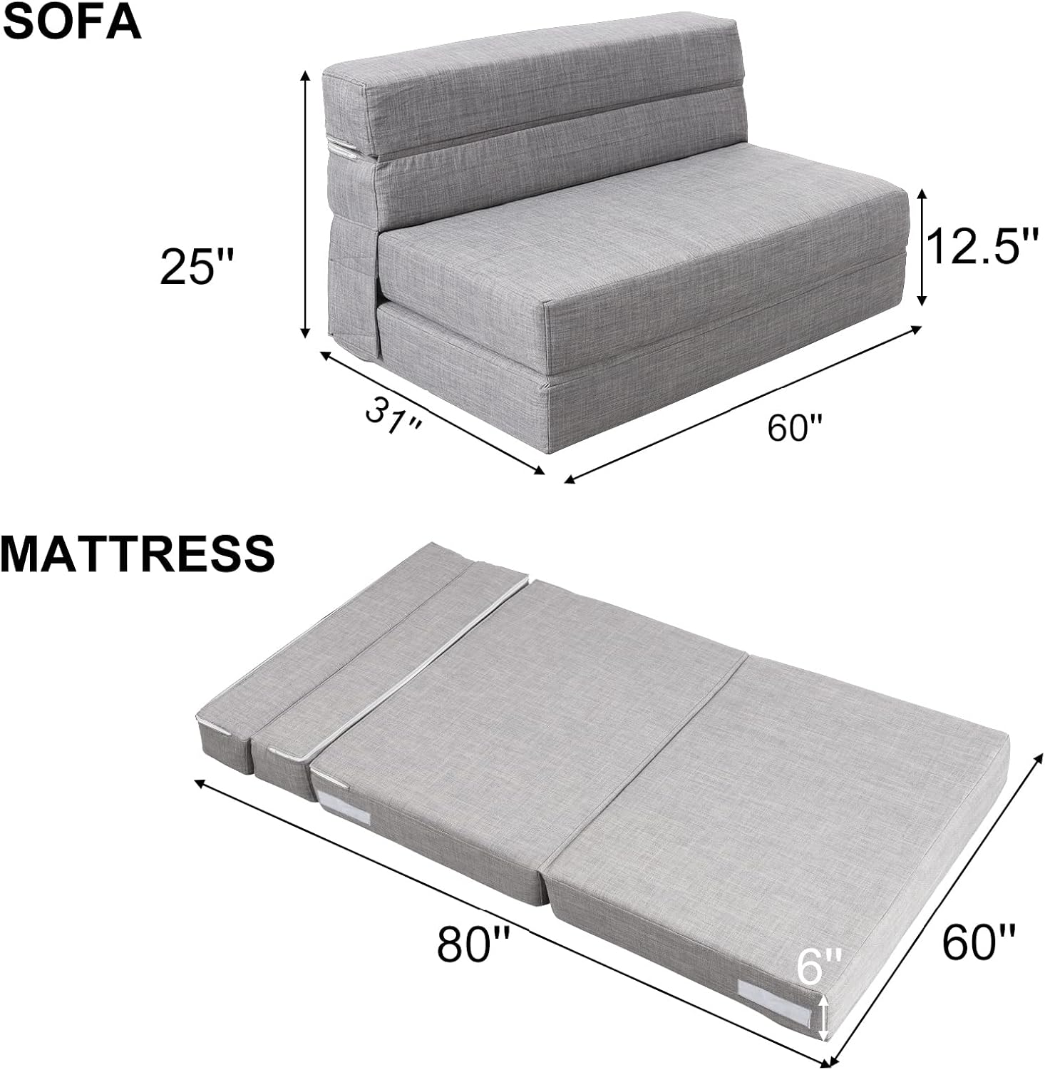 ANONER 60 Folding Sleeper Chair Sofa Bed Lazy Couch with 2 Pillows, Queen Size Memory Foam Washable Cover, Light Gray · v2