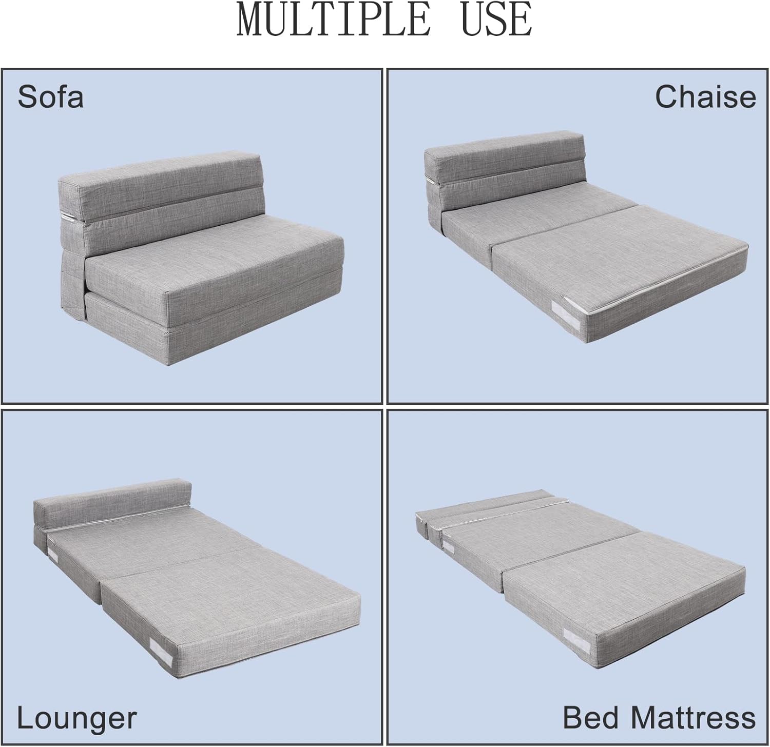 ANONER 60 Folding Sleeper Chair Sofa Bed Lazy Couch with 2 Pillows, Queen Size Memory Foam Washable Cover, Light Gray · v2