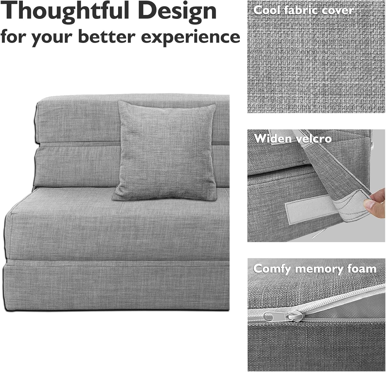 ANONER 60 Folding Sleeper Chair Sofa Bed Lazy Couch with 2 Pillows, Queen Size Memory Foam Washable Cover, Light Gray · v2
