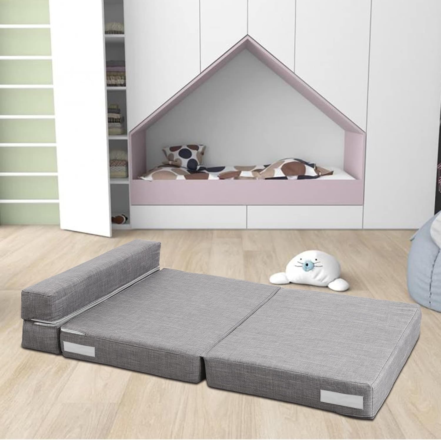 ANONER 60 Folding Sleeper Chair Sofa Bed Lazy Couch with 2 Pillows, Queen Size Memory Foam Washable Cover, Light Gray · v2