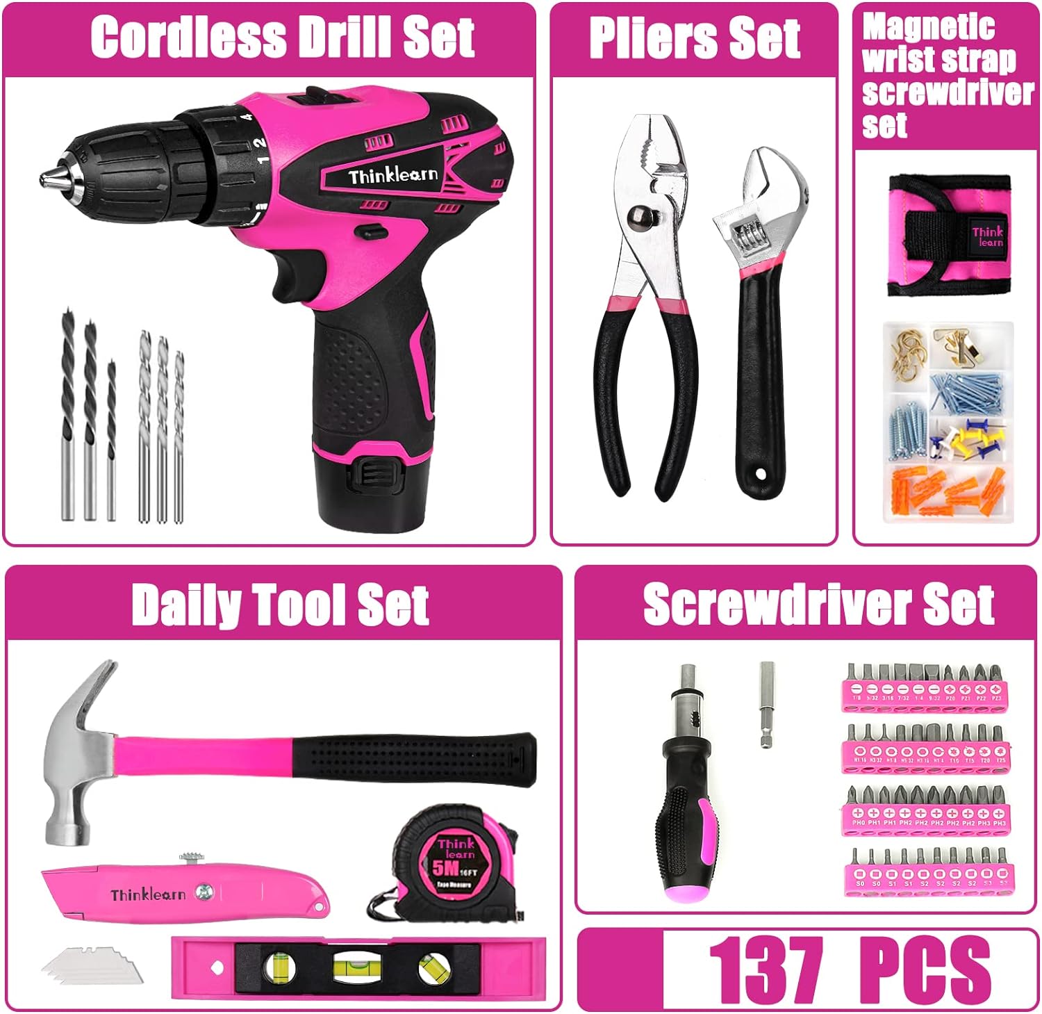 Pink Drill Set for Women, 137 Piece Hand and Power Tool Set with 12V Cordless Drill, Home Tool Kit for DIY, Necessities for Daily Decoration and Maintenance, As a Creative Gift for Ladies