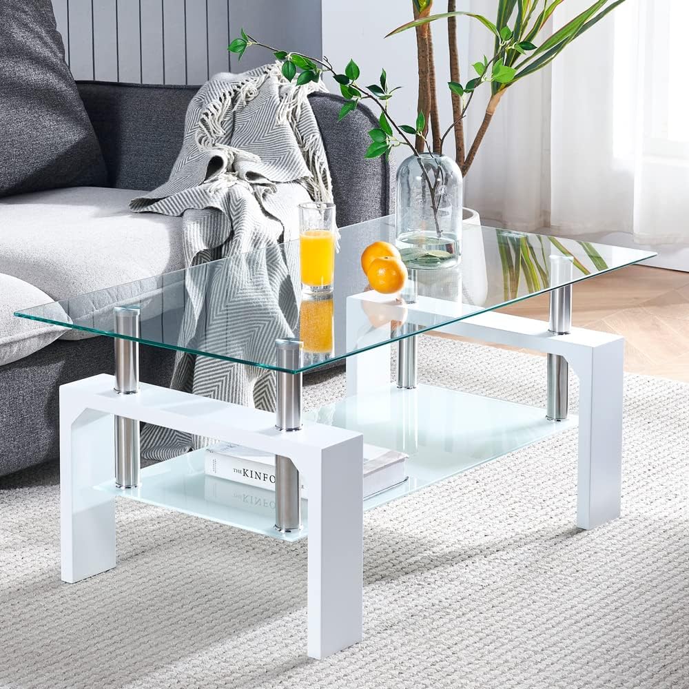 Living Room Rectangle Coffee Table, Tea Table Suitable for Waiting Room, Modern Side Coffee Table with Wooden Leg, Glass Tabletop with Lower Shelf, 39.5*23.5*17.5 inches , White · v2