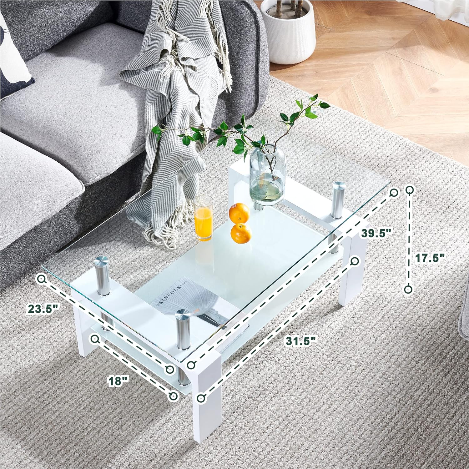 Living Room Rectangle Coffee Table, Tea Table Suitable for Waiting Room, Modern Side Coffee Table with Wooden Leg, Glass Tabletop with Lower Shelf, 39.5*23.5*17.5 inches , White · v2