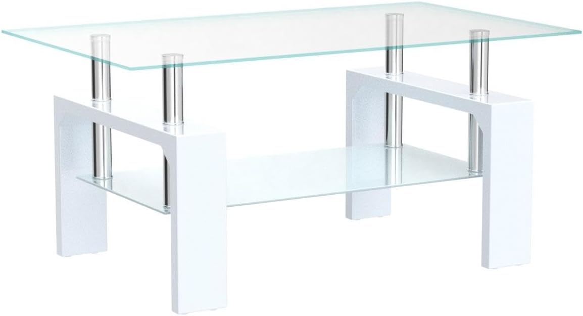 Living Room Rectangle Coffee Table, Tea Table Suitable for Waiting Room, Modern Side Coffee Table with Wooden Leg, Glass Tabletop with Lower Shelf, 39.5*23.5*17.5 inches , White · v2