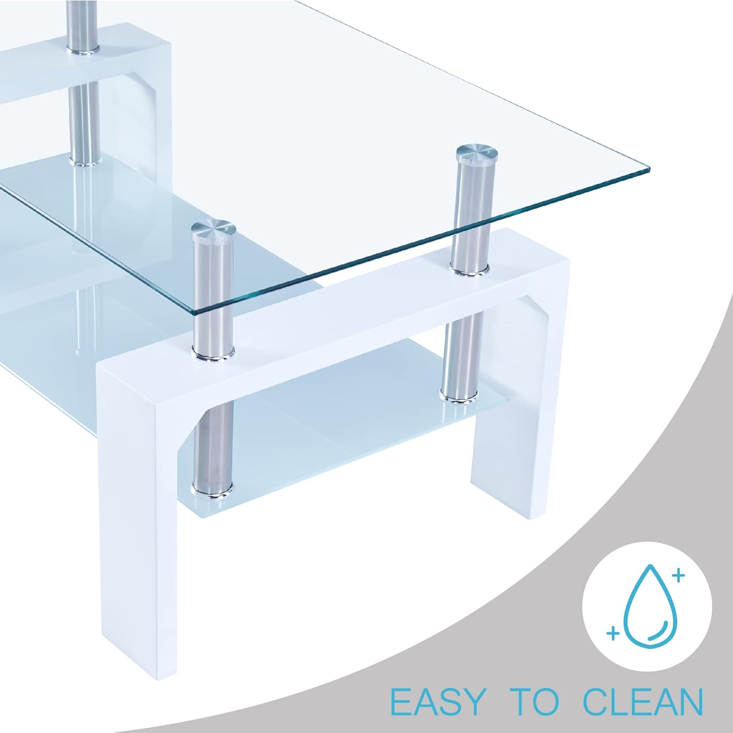 Living Room Rectangle Coffee Table, Tea Table Suitable for Waiting Room, Modern Side Coffee Table with Wooden Leg, Glass Tabletop with Lower Shelf, 39.5*23.5*17.5 inches , White · v2