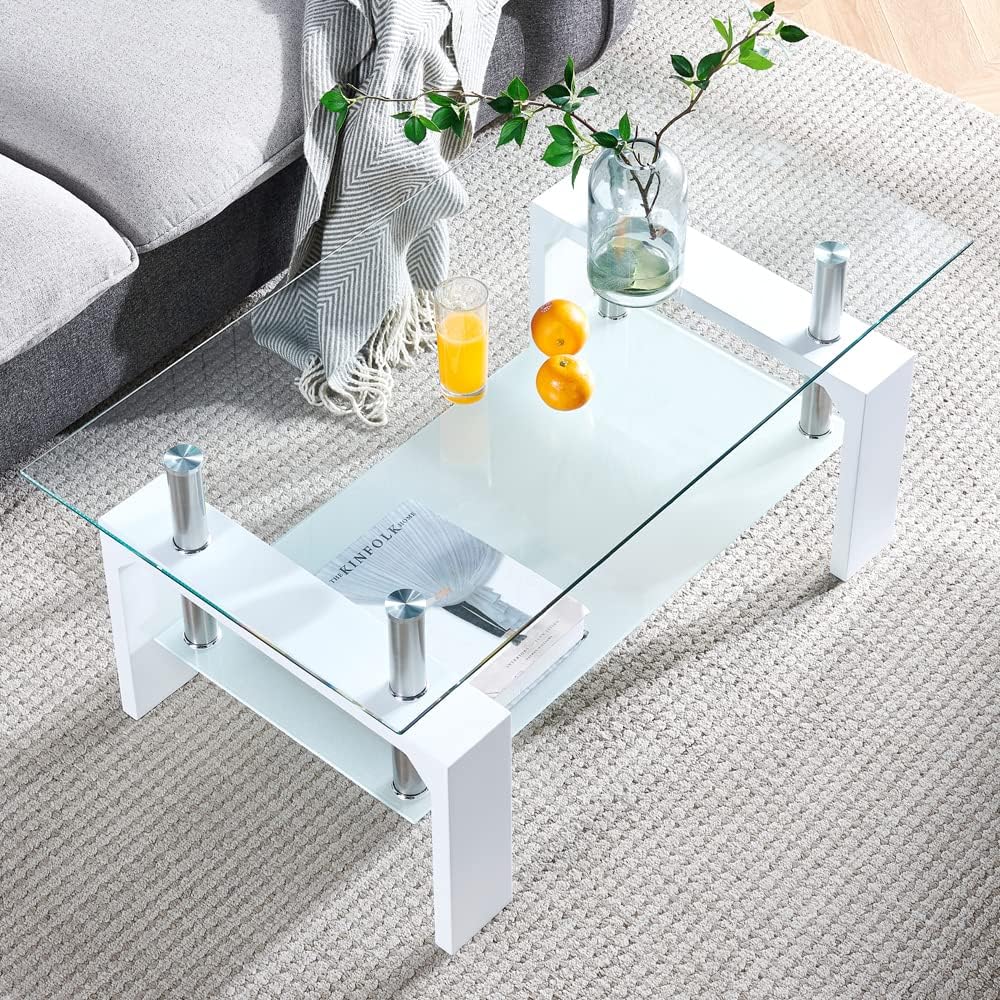 Living Room Rectangle Coffee Table, Tea Table Suitable for Waiting Room, Modern Side Coffee Table with Wooden Leg, Glass Tabletop with Lower Shelf, 39.5*23.5*17.5 inches , White · v2