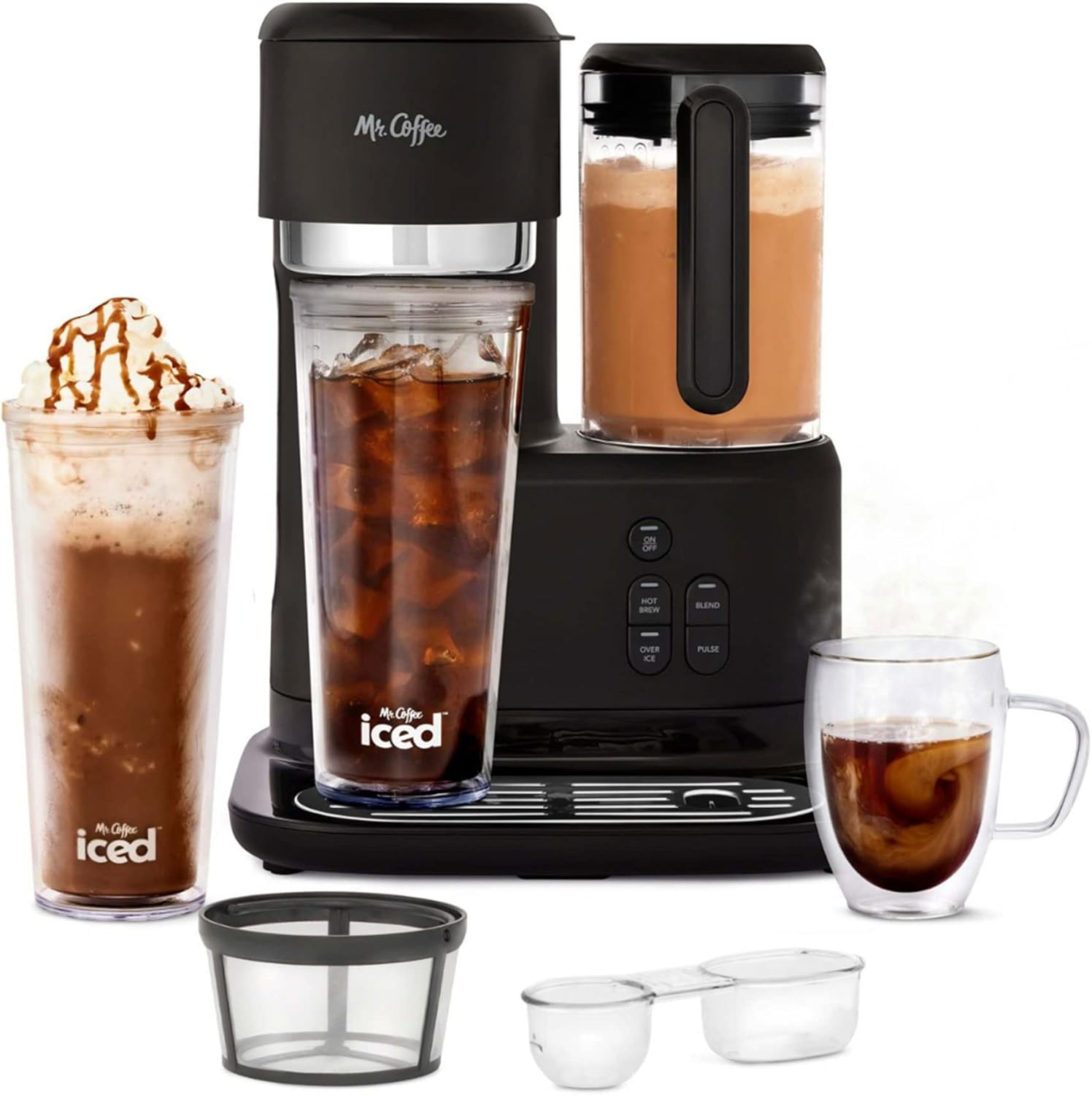 Mr. Coffee 3-in-1 Single-Serve Iced and Hot Coffee/Tea Maker with Blender with Reusable Filter, Scoop, Recipe Book, 2 Tumblers, Lids and Straws, Black · v2