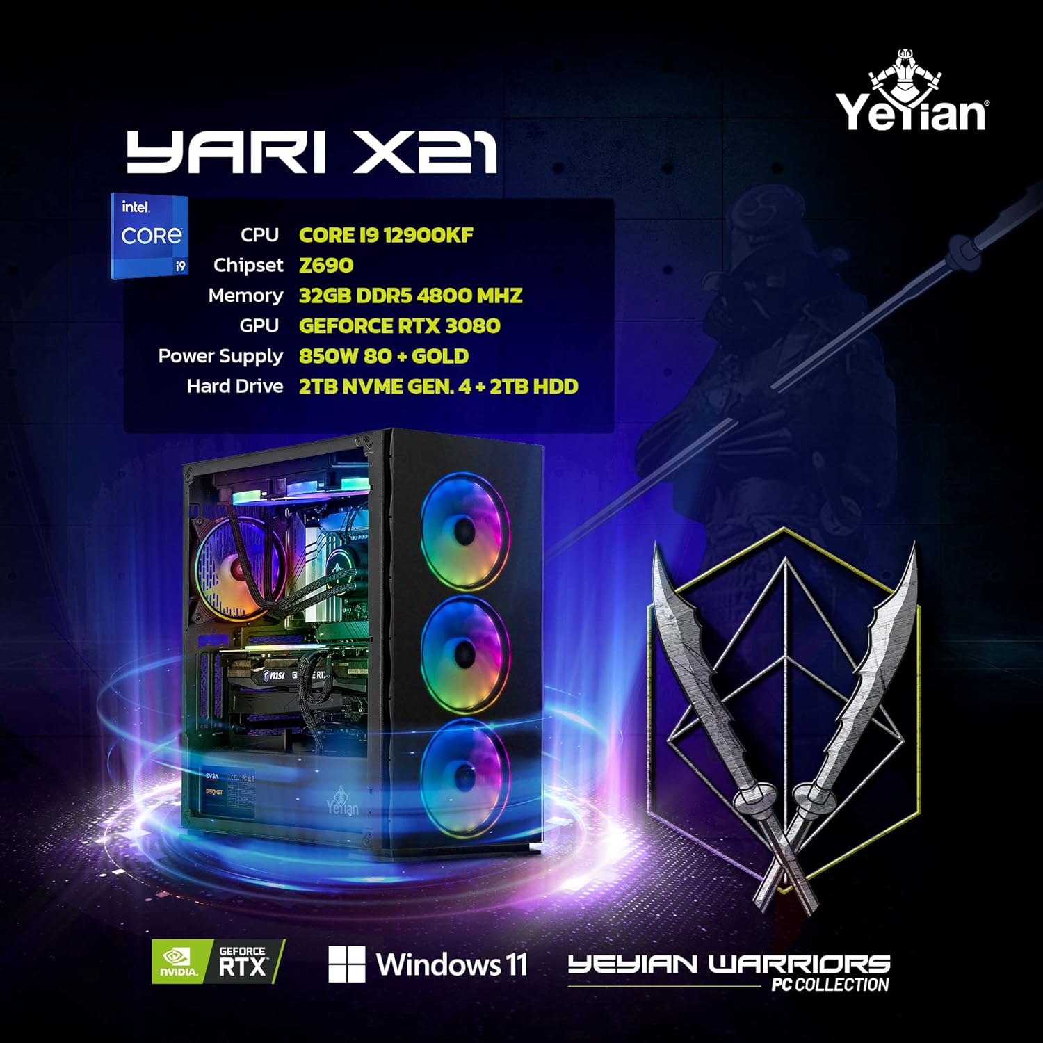 YEYIAN Yari X21 Gaming PC Computer, INTEL 12th Gen Alder Lake i9-12900KF 16-Core 3.2GHz, GeForce RTX 3080 10GB GDDR6X, 2TB NVMe Gen 4 SSD, 2TB 3.5” HDD, 32GB DDR5 4800MHz, 240mm AIO ARGB WiFi 6 BT 5.2 · v5