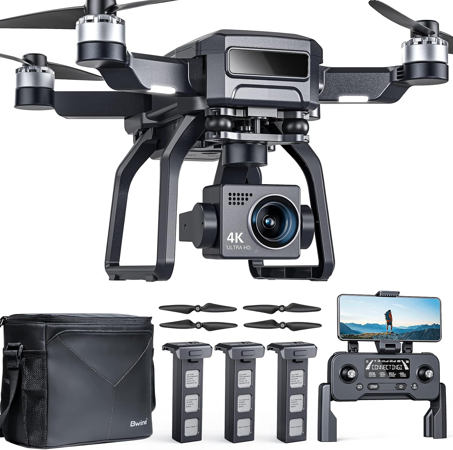 Drones GPS Bwine F7 avec caméra pour adultes, vision nocturne 4K, cardan à 3 axes, 2 miles d'autonomie, 75 minutes de vol, 3 batteries, retour automatique, mode Follow Me Fly Around, mode débutant pour enfant