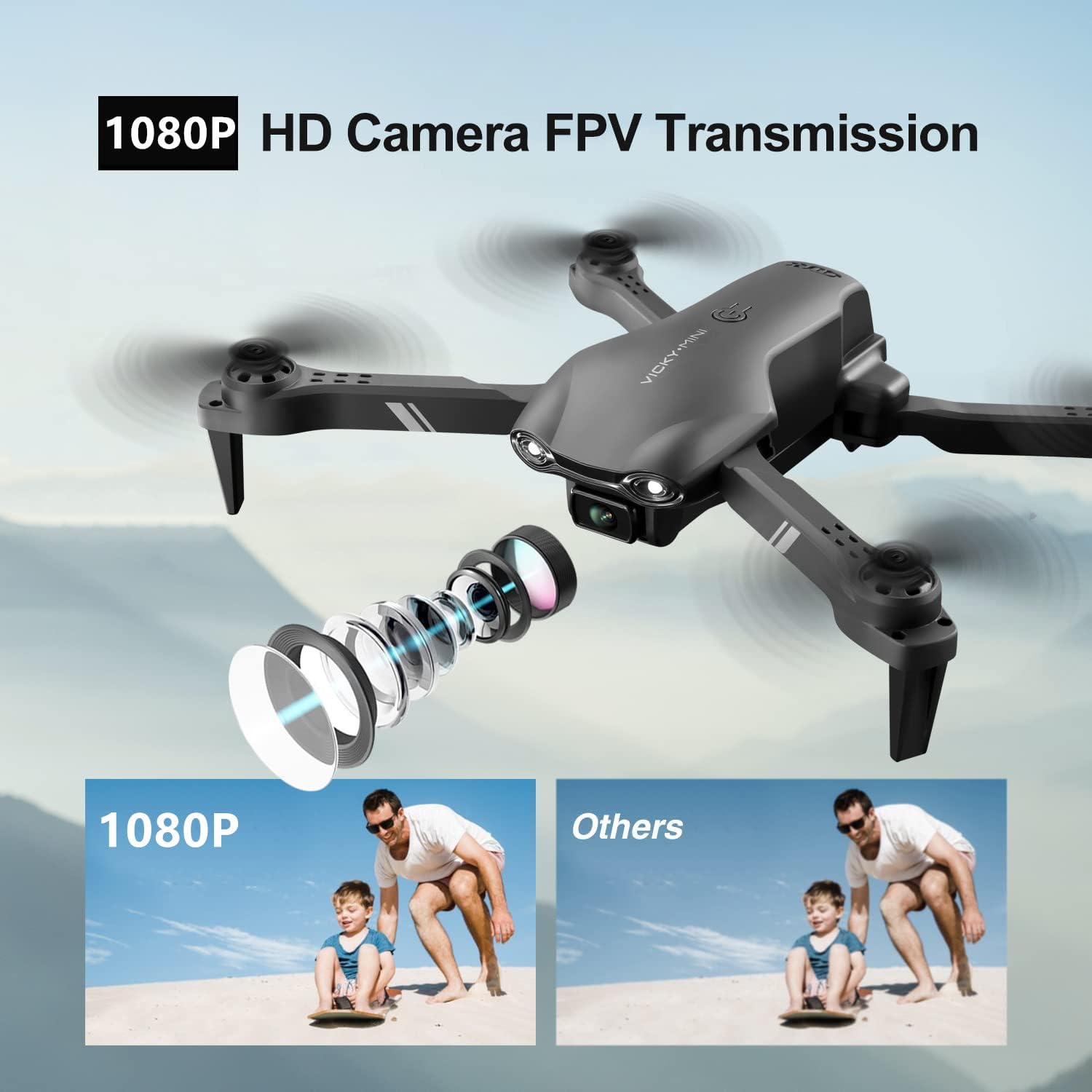 طائرة بدون طيار DRONEEYE 4DV13 مزودة بكاميرا FPV عالية الدقة 1080 بكسل للأطفال والبالغين، طائرة رباعية صغيرة تعمل بالتحكم عن بعد للمبتدئين، هدية للأولاد، وظائف نقطة المسار، تثبيت الارتفاع، صورة شخصية بالإيماءات، انعكاسات ثلاثية الأبعاد، بطاريتان، لون أسود