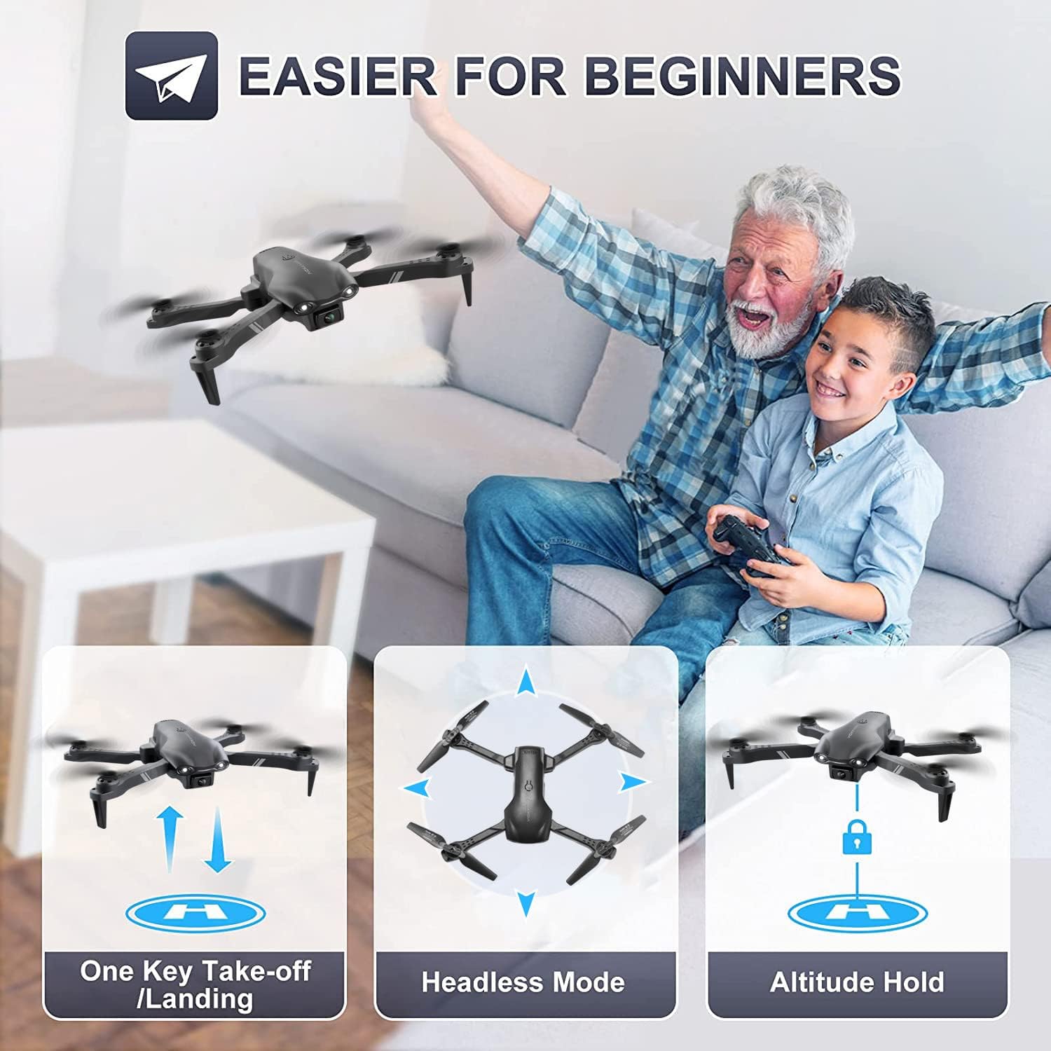 طائرة بدون طيار DRONEEYE 4DV13 مزودة بكاميرا FPV عالية الدقة 1080 بكسل للأطفال والبالغين، طائرة رباعية صغيرة تعمل بالتحكم عن بعد للمبتدئين، هدية للأولاد، وظائف نقطة المسار، تثبيت الارتفاع، صورة شخصية بالإيماءات، انعكاسات ثلاثية الأبعاد، بطاريتان، لون أسود