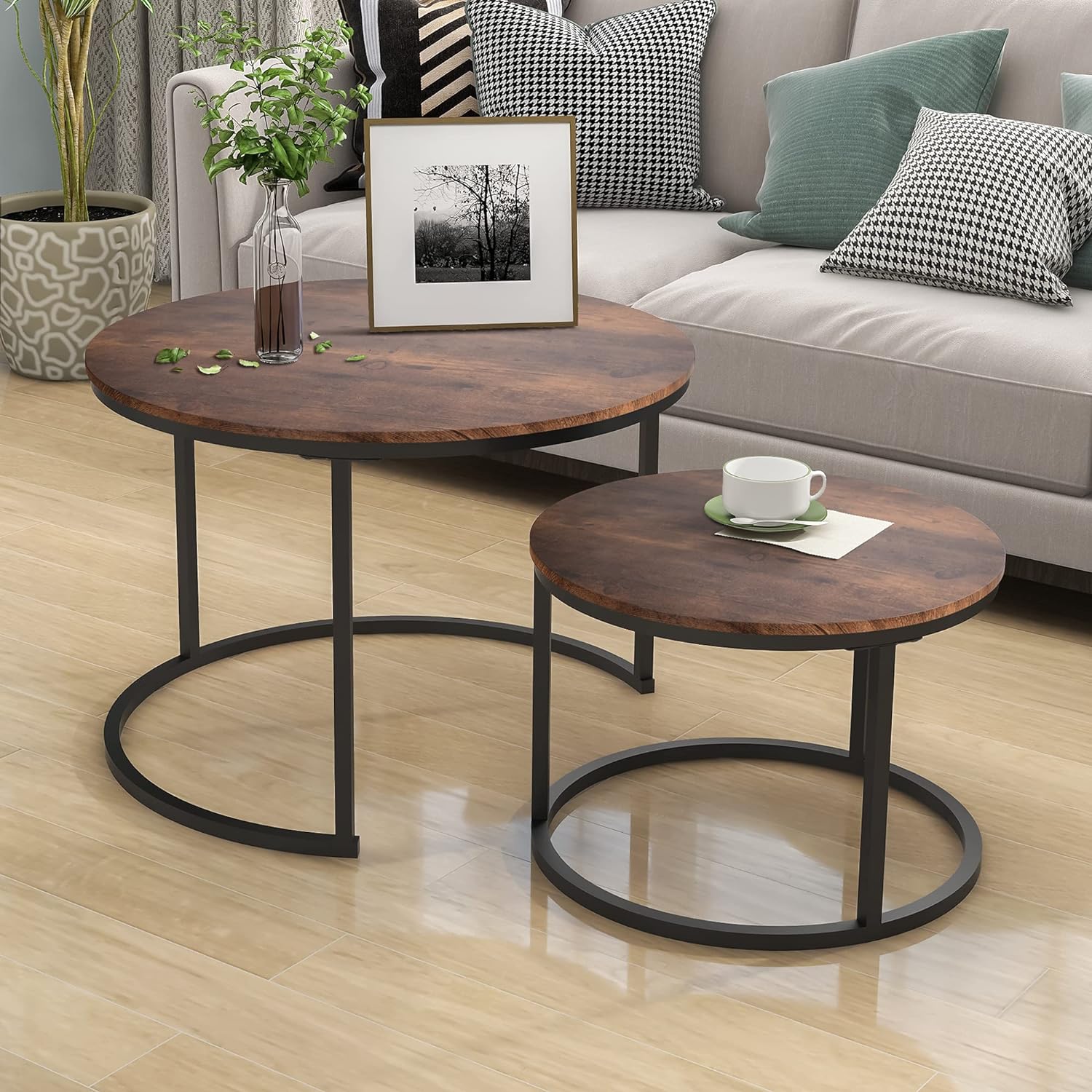Industrial Round Coffee Table Set of 2 End Table for Living Room,Stacking Side Tables, Sturdy and Easy Assembly,Wood Look Accent Furniture with Metal Frame,Black Rustic Brown · v2