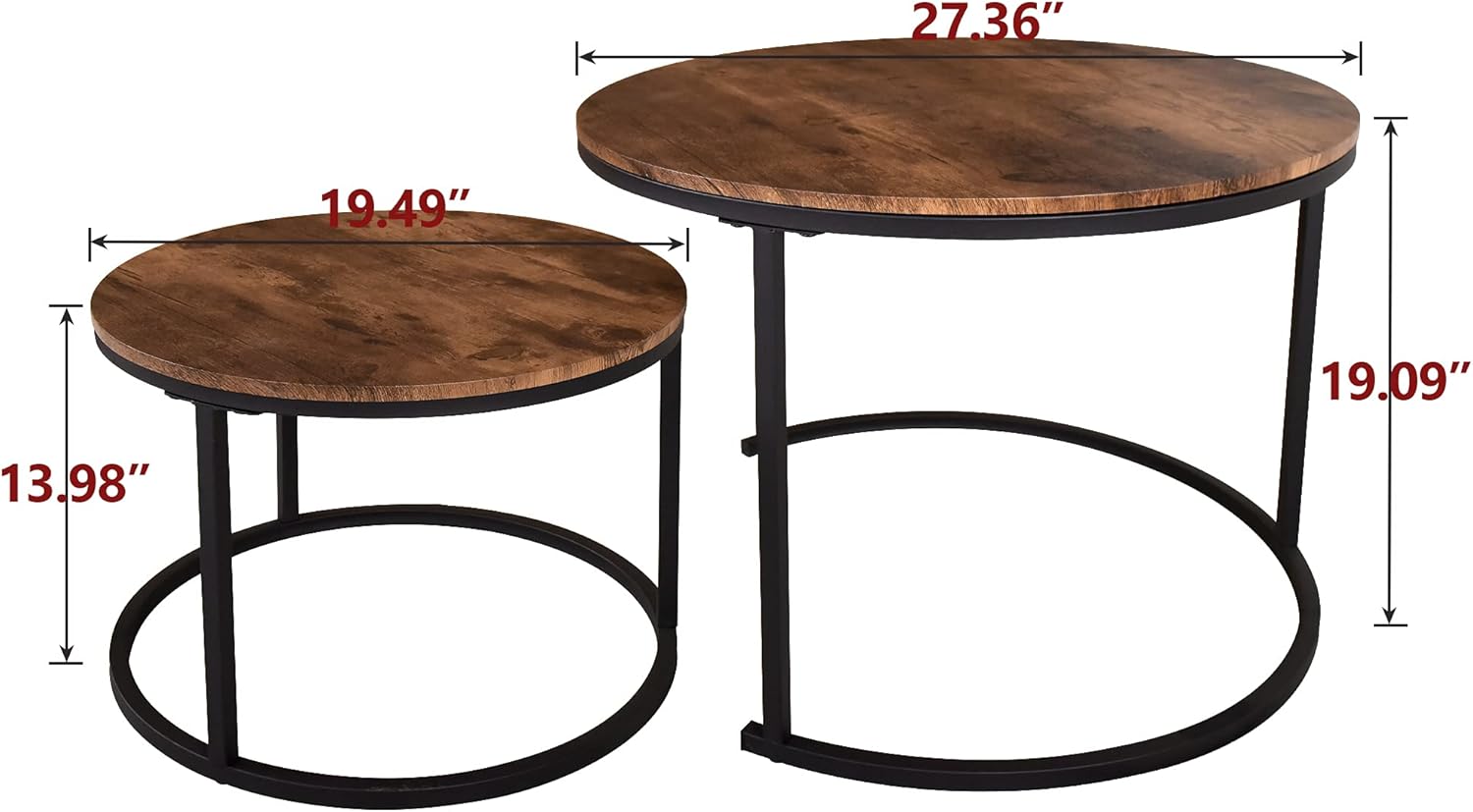 Set di 2 tavolini da caffè rotondi industriali per soggiorno, tavolini impilabili, robusti e facili da montare, mobili in effetto legno con struttura in metallo, nero marrone rustico