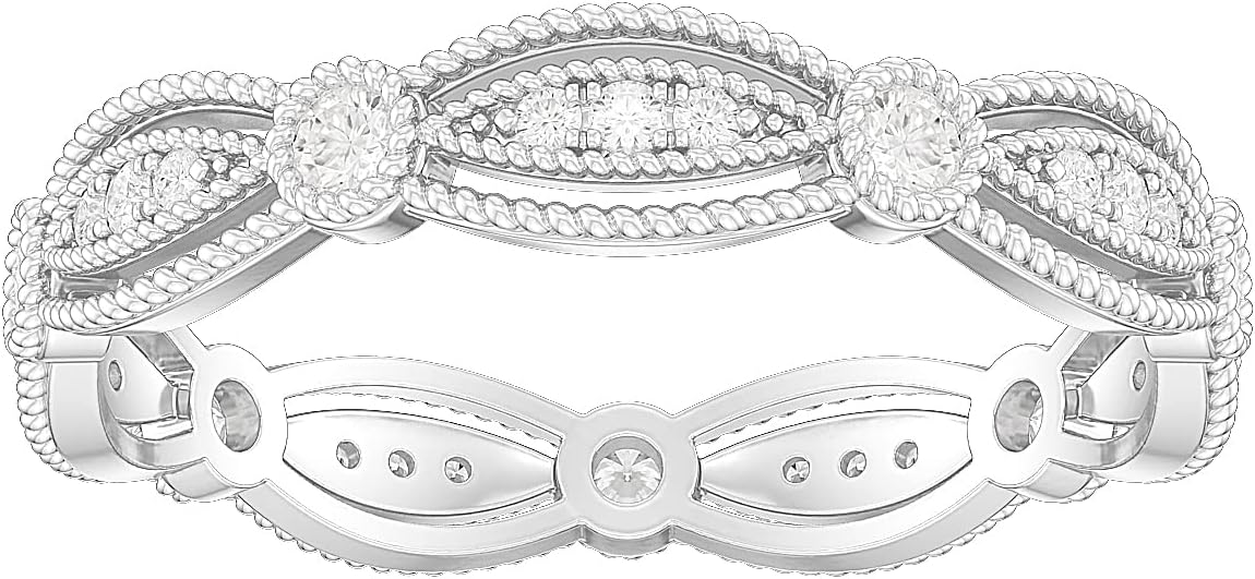 14k White Gold Fancy Marquise Shape Milgrain Simulated Round Brilliant Diamond or Genuine Moissanite Ring Wedding Band