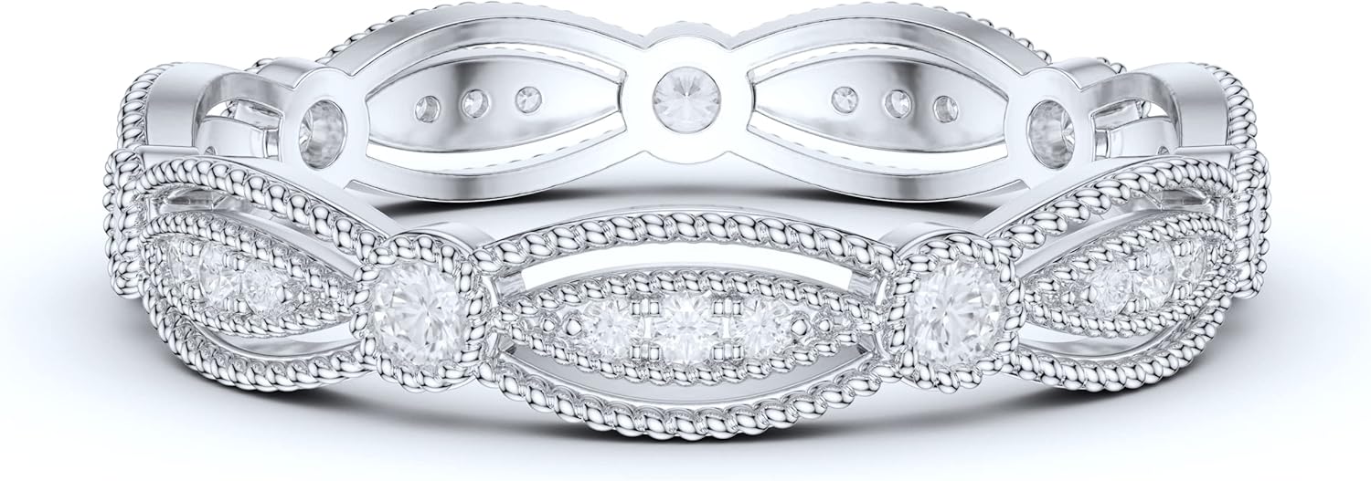 14k White Gold Fancy Marquise Shape Milgrain Simulated Round Brilliant Diamond or Genuine Moissanite Ring Wedding Band