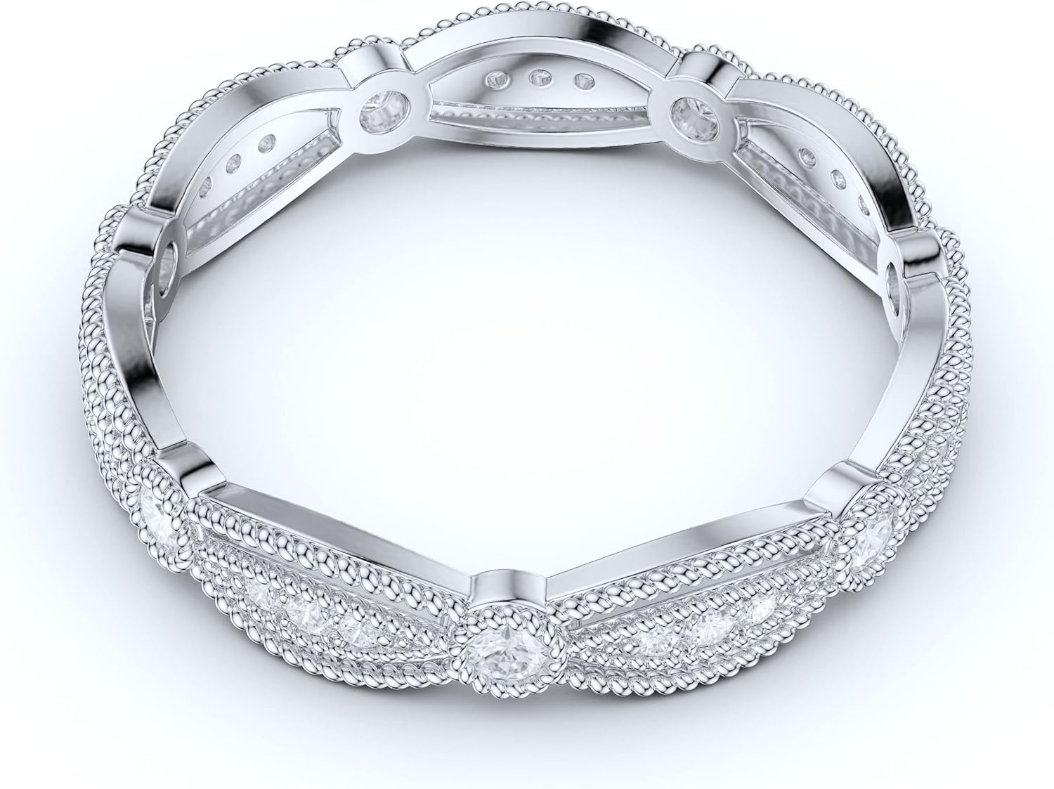 14k White Gold Fancy Marquise Shape Milgrain Simulated Round Brilliant Diamond or Genuine Moissanite Ring Wedding Band