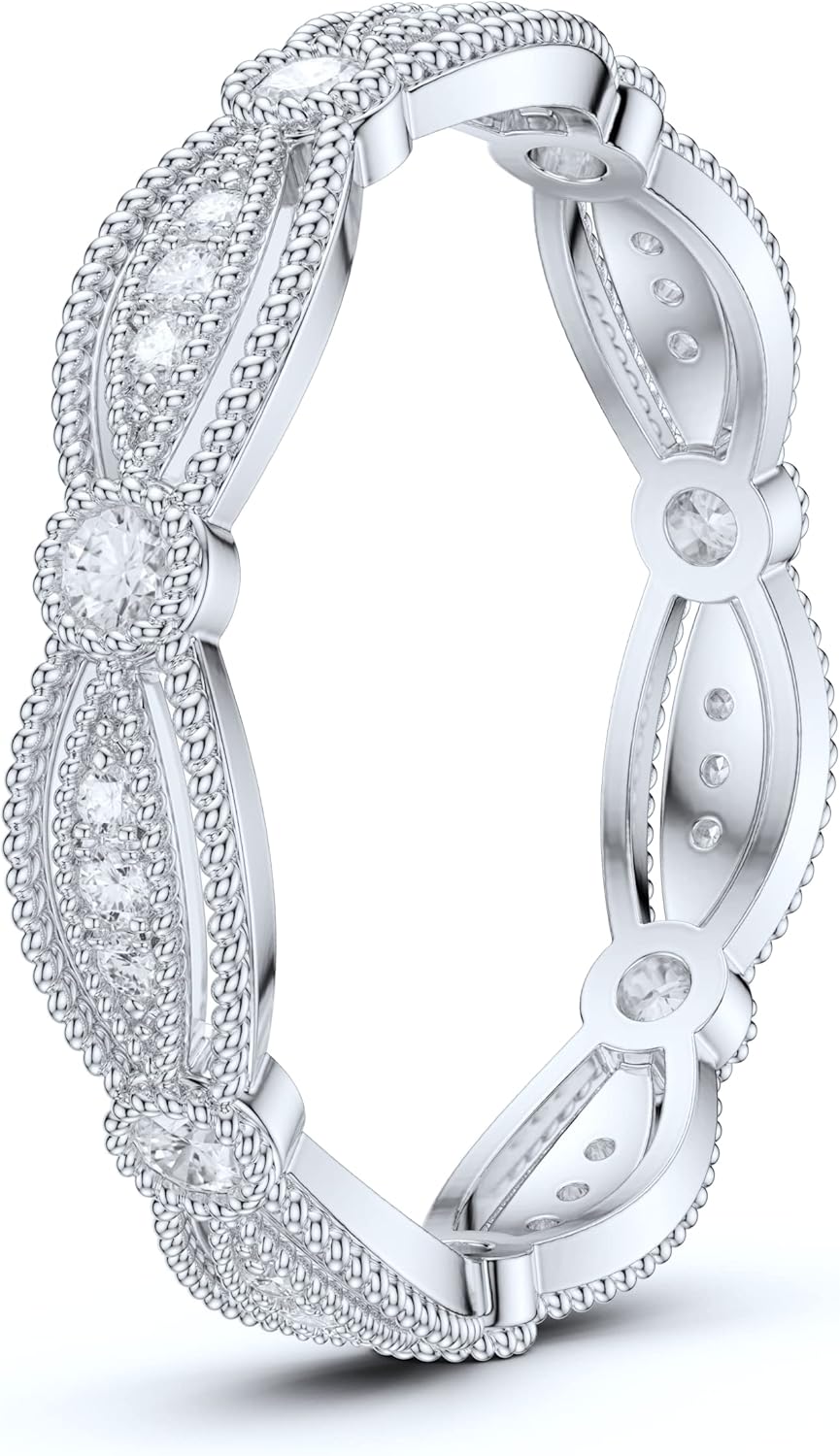 14k White Gold Fancy Marquise Shape Milgrain Simulated Round Brilliant Diamond or Genuine Moissanite Ring Wedding Band