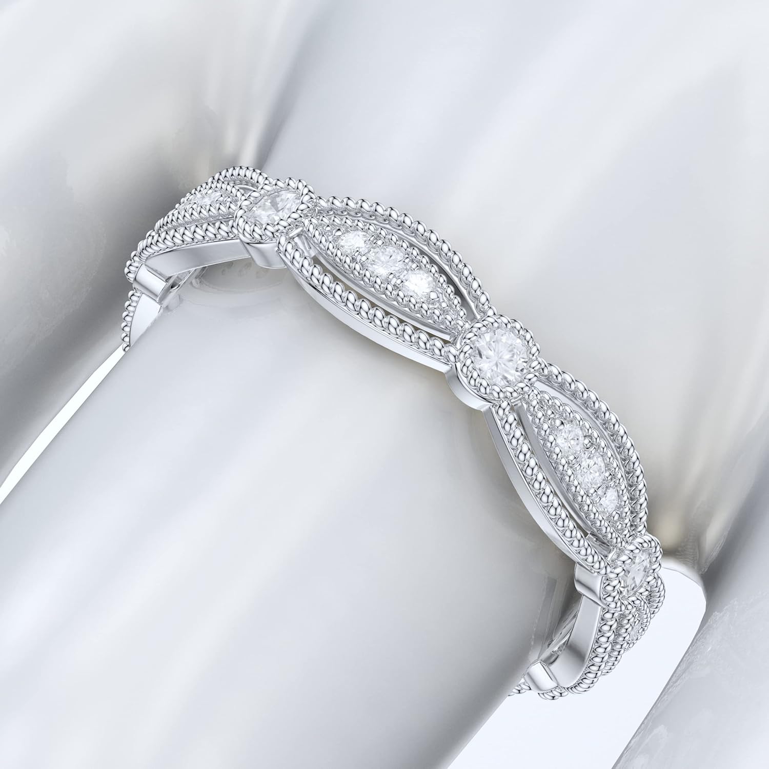 14k White Gold Fancy Marquise Shape Milgrain Simulated Round Brilliant Diamond or Genuine Moissanite Ring Wedding Band