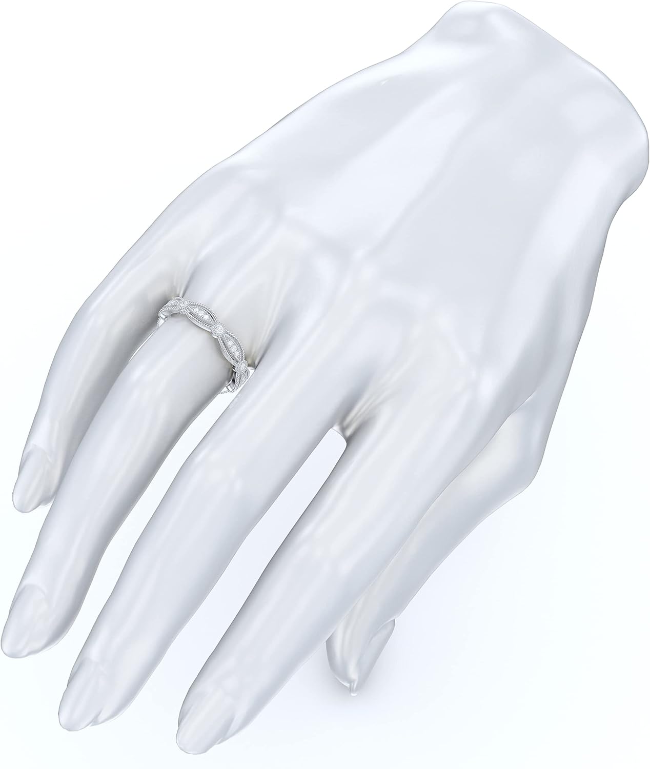 14k White Gold Fancy Marquise Shape Milgrain Simulated Round Brilliant Diamond or Genuine Moissanite Ring Wedding Band