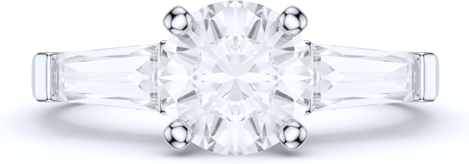 14k White Gold Tapered Baguette Side Stones 1CT Simulated Round Cut Diamond or Moissanite Engagement Ring · v2
