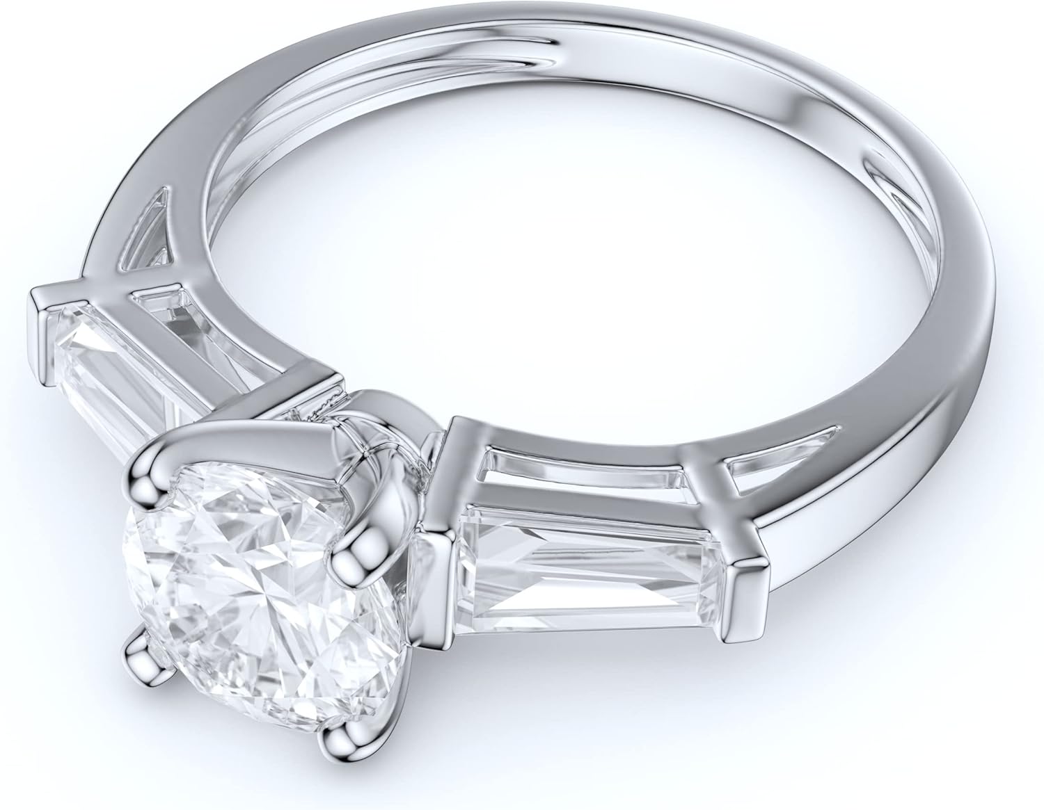 14k White Gold Tapered Baguette Side Stones 1CT Simulated Round Cut Diamond or Moissanite Engagement Ring · v2