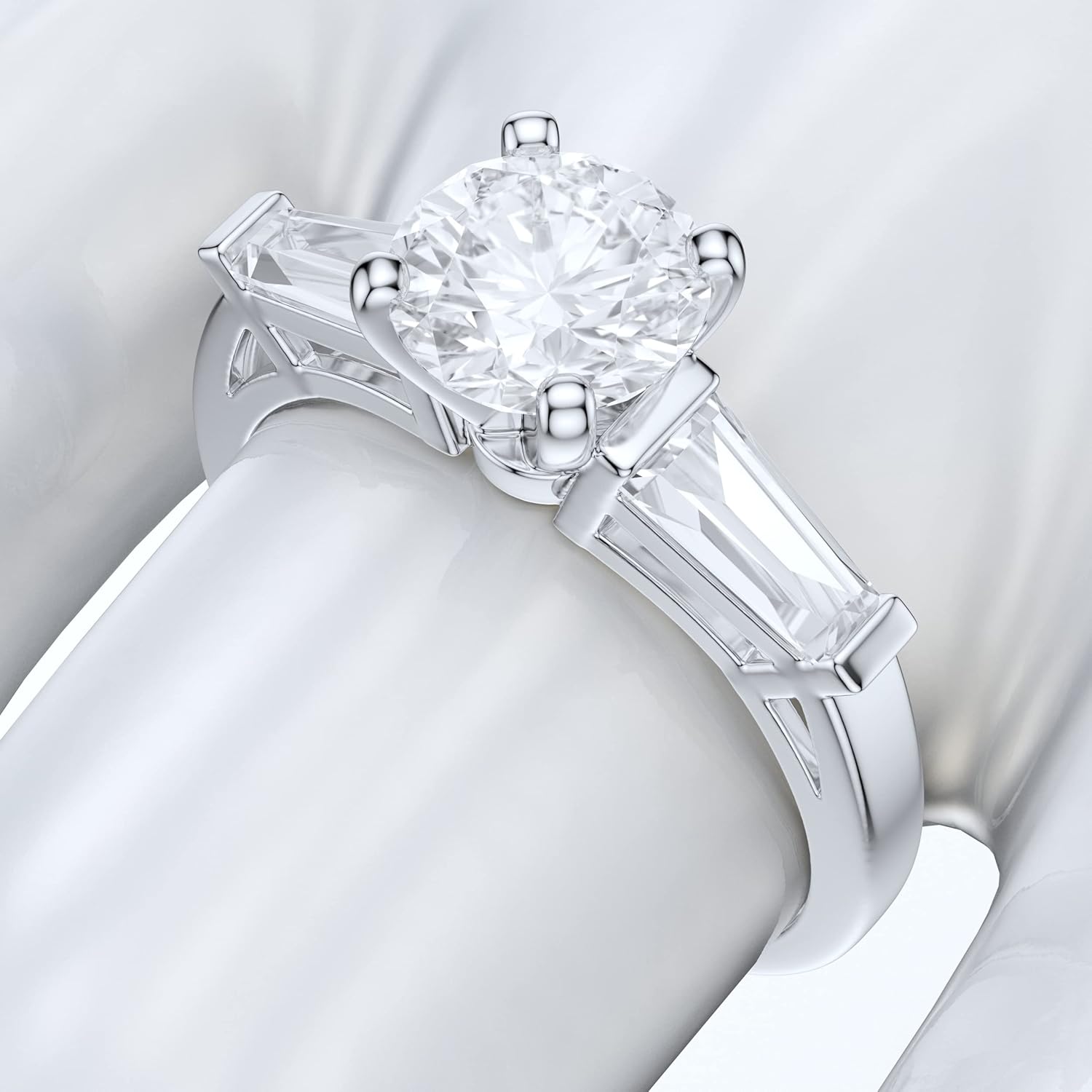 14k White Gold Tapered Baguette Side Stones 1CT Simulated Round Cut Diamond or Moissanite Engagement Ring · v2