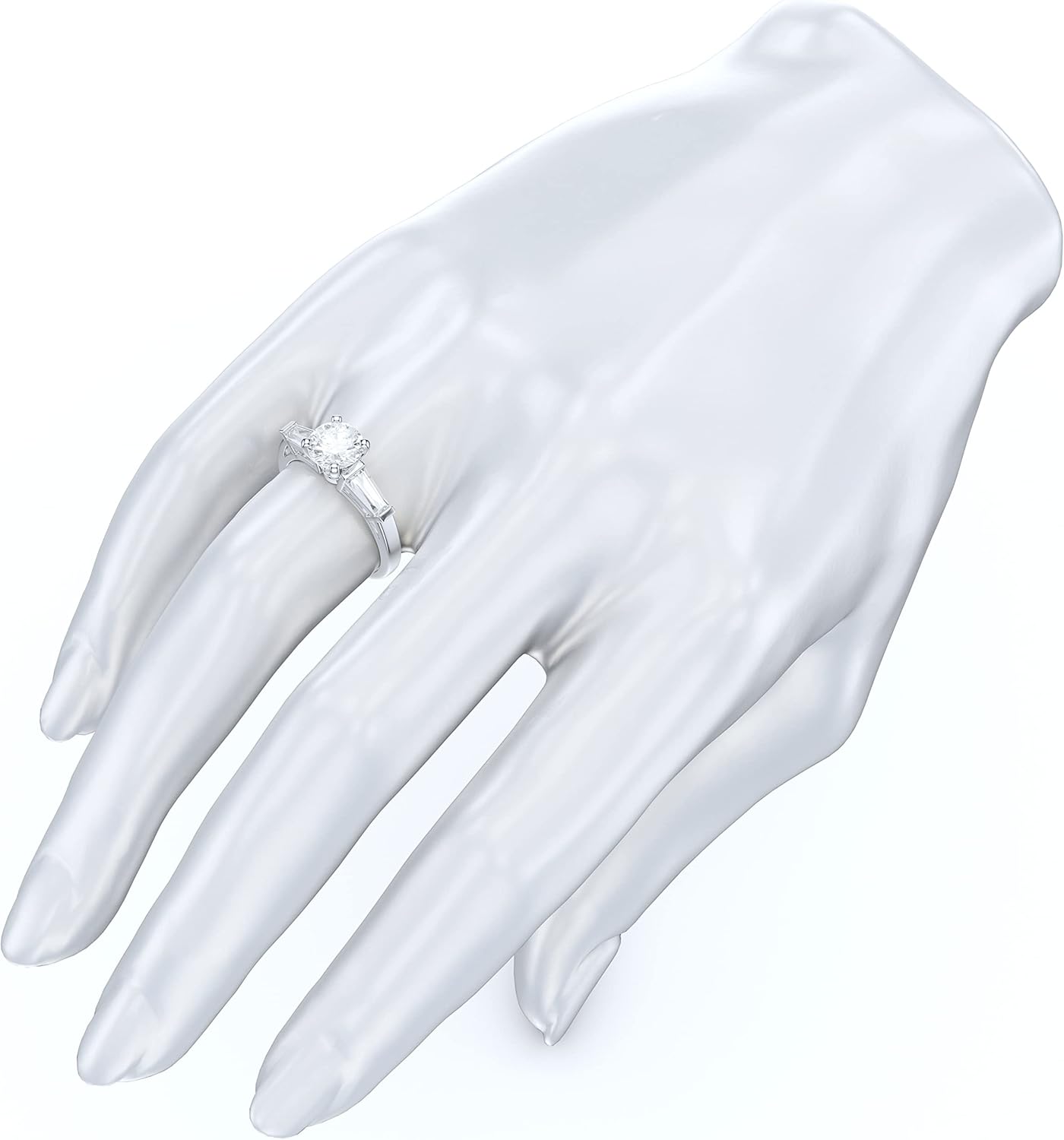 14k White Gold Tapered Baguette Side Stones 1CT Simulated Round Cut Diamond or Moissanite Engagement Ring · v2