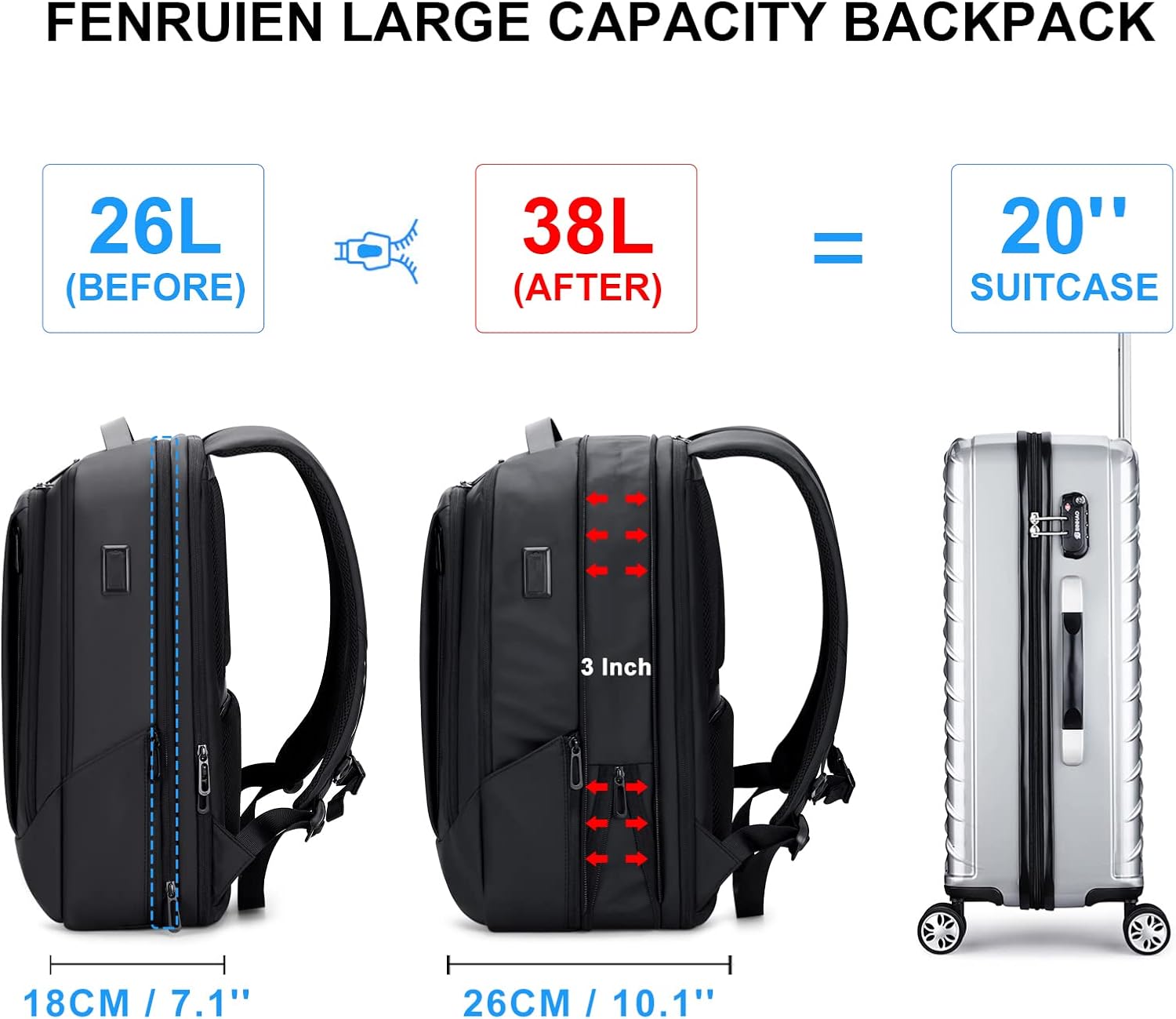 FENRUIEN Geschäftsreiserucksack für Herren, Erweiterbarer, wasserdichter Computerrucksack mit USB-Anschluss, schwarzer 15,6-Zoll-Laptop-Rucksack für College/Arbeit