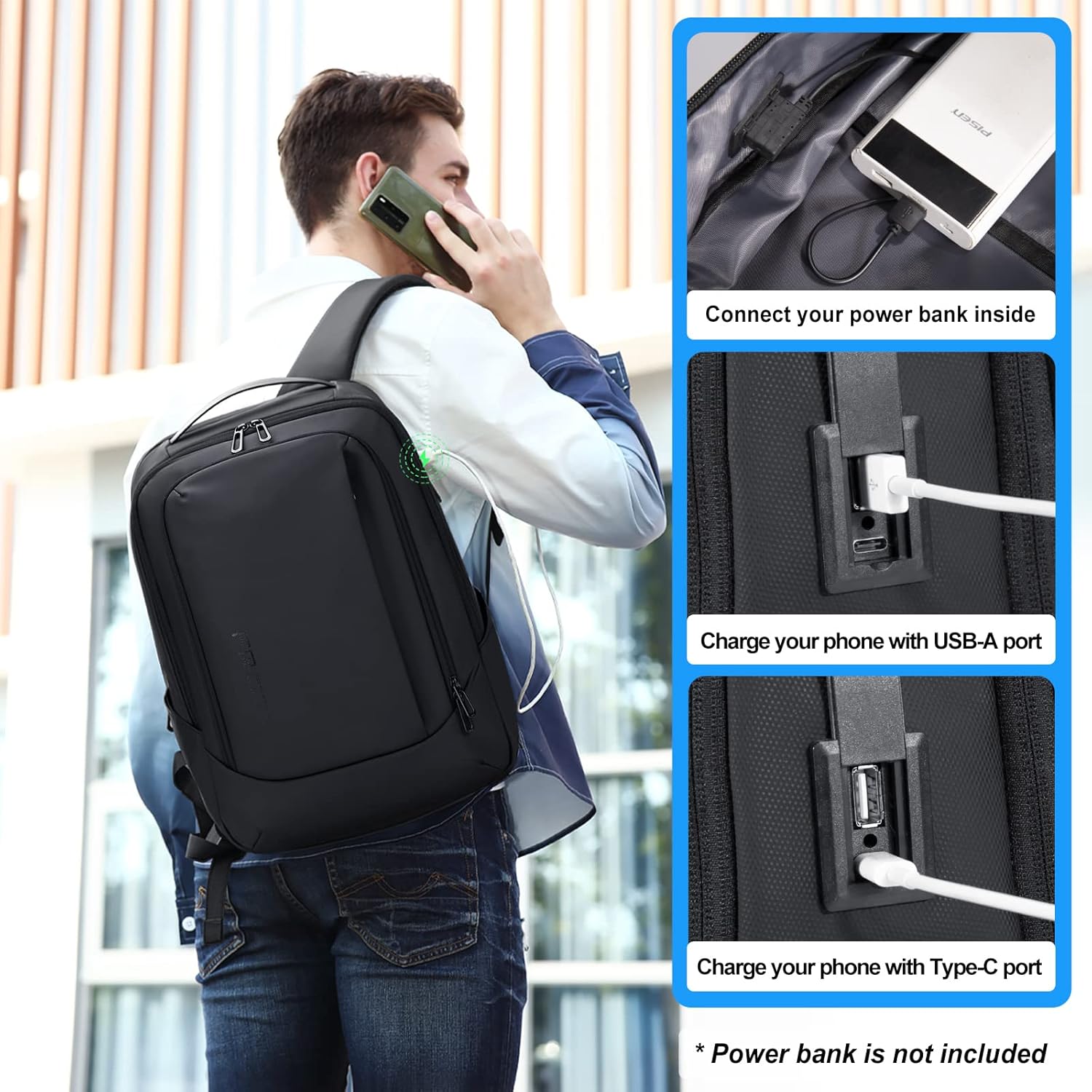 FENRUIEN Geschäftsreiserucksack für Herren, Erweiterbarer, wasserdichter Computerrucksack mit USB-Anschluss, schwarzer 15,6-Zoll-Laptop-Rucksack für College/Arbeit